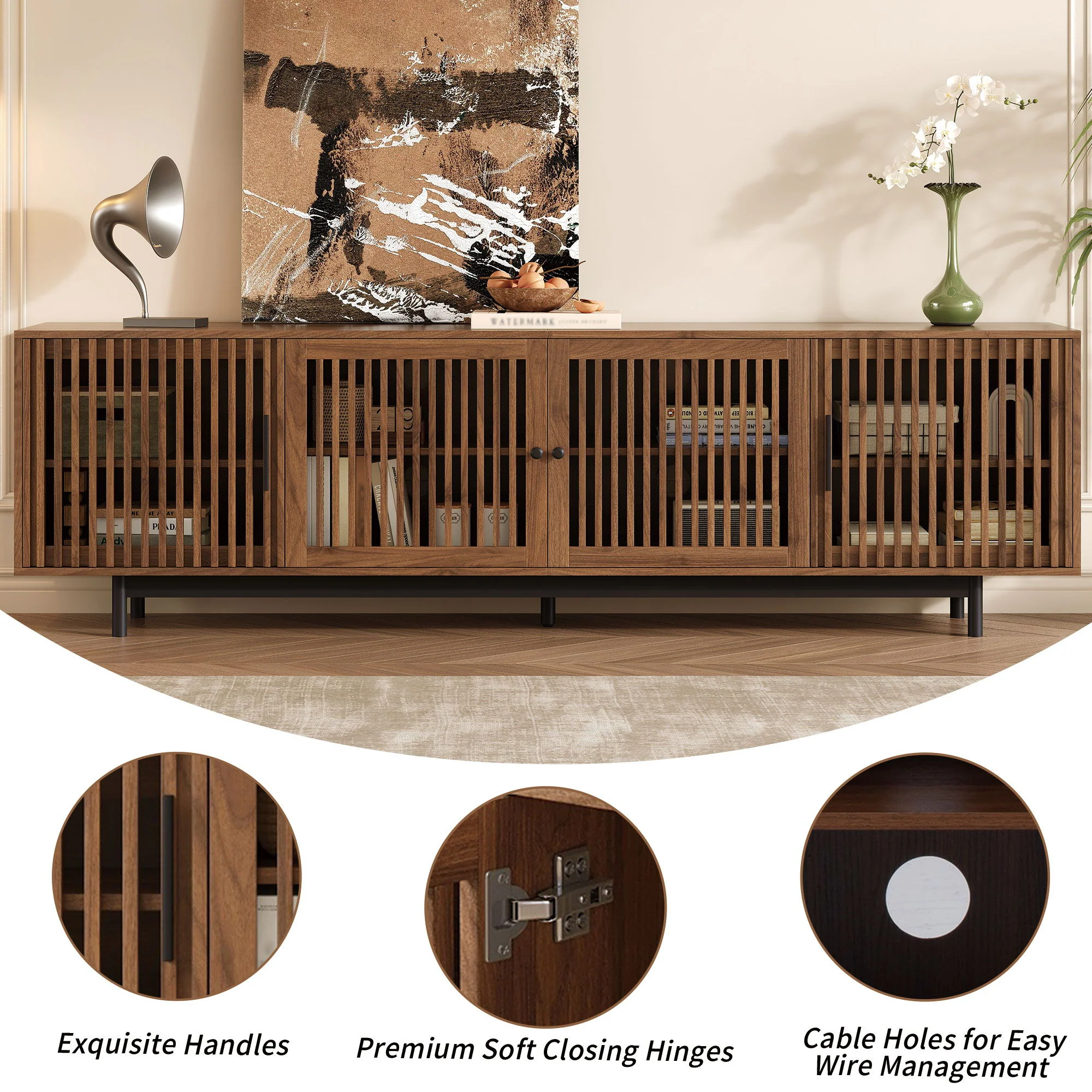 TV Stand For TVs, Entertainment Center With Closed Storage & Cable Management, Soft Closing Hinges - Walnut - Image 3