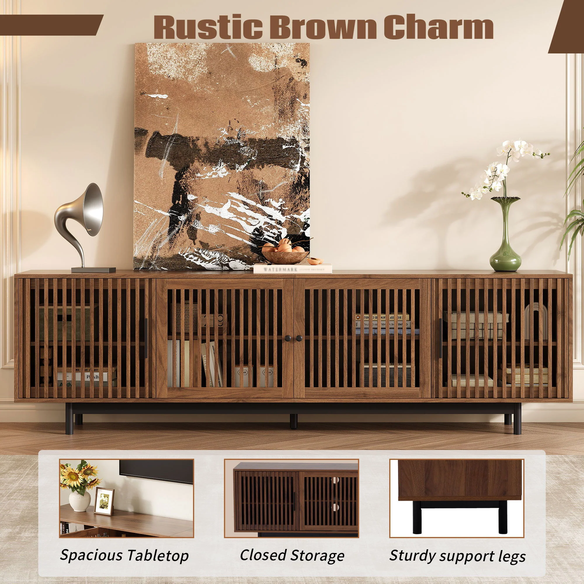 TV Stand For TVs, Entertainment Center With Closed Storage & Cable Management, Soft Closing Hinges - Walnut - Image 6