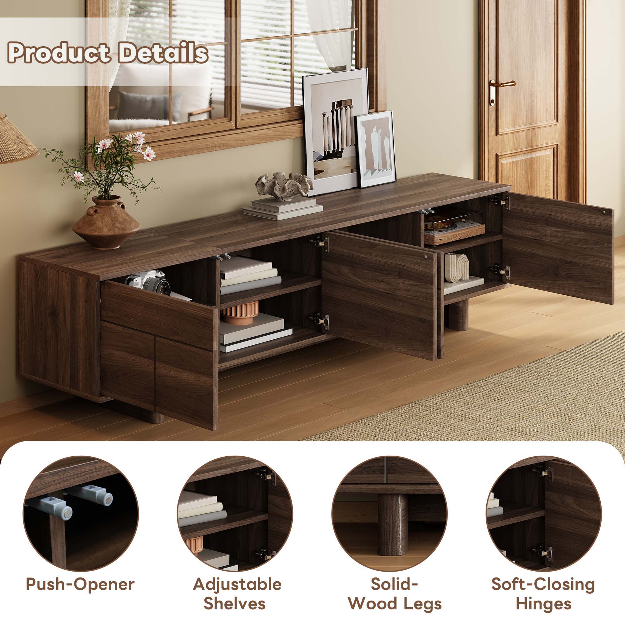 TV Stand For TVs Up To 85", Entertainment Center, Cable Management, Push Openers, Soft Closing Hinges & Adjustable Shelves - Dark Brown - Image 6
