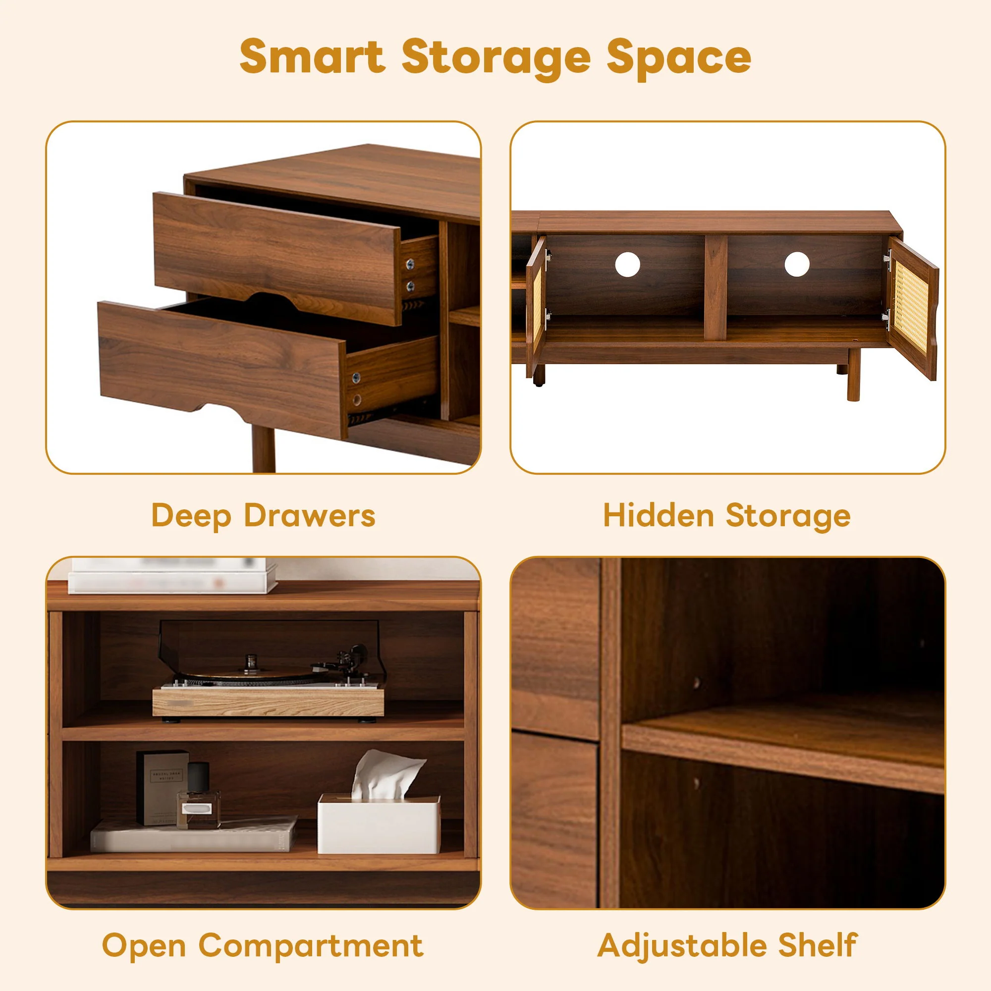 TV Stand For TVs Up To 85", Media Console With 2 Drawers - Walnut - Image 5