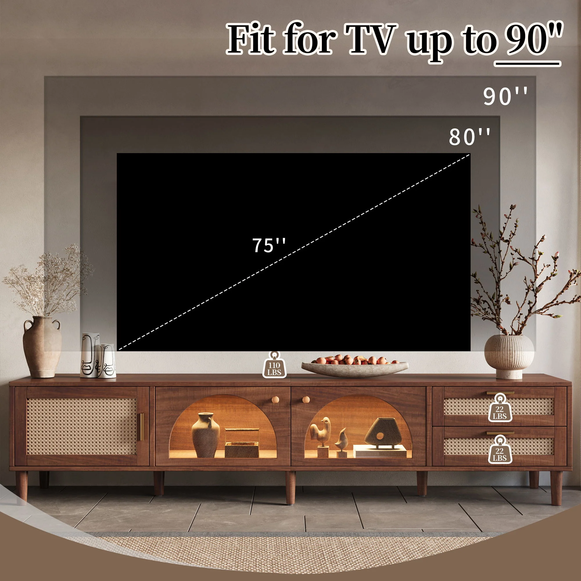 TV Stand For TVs Up To 90", Media Console With App Controlled LED Lights, 2 Drawers & Door Storage - Dark Brown - Image 4