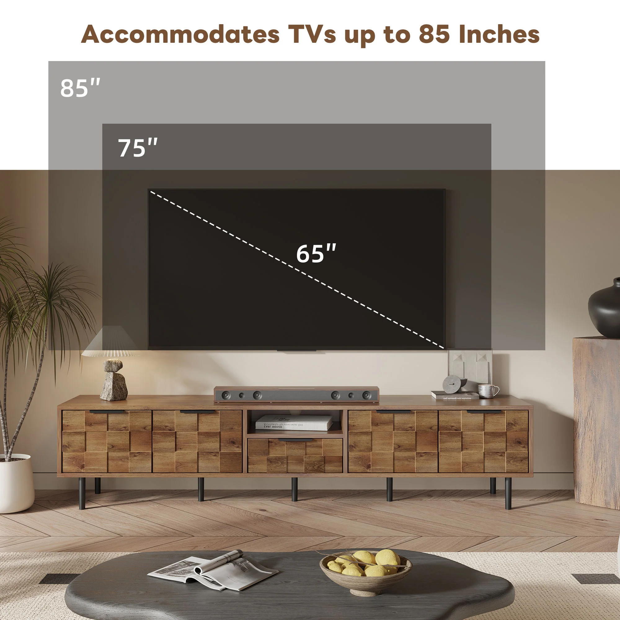 TV Stand, L Shaped Handle Entertainment Console With Storage - Natural - Image 9