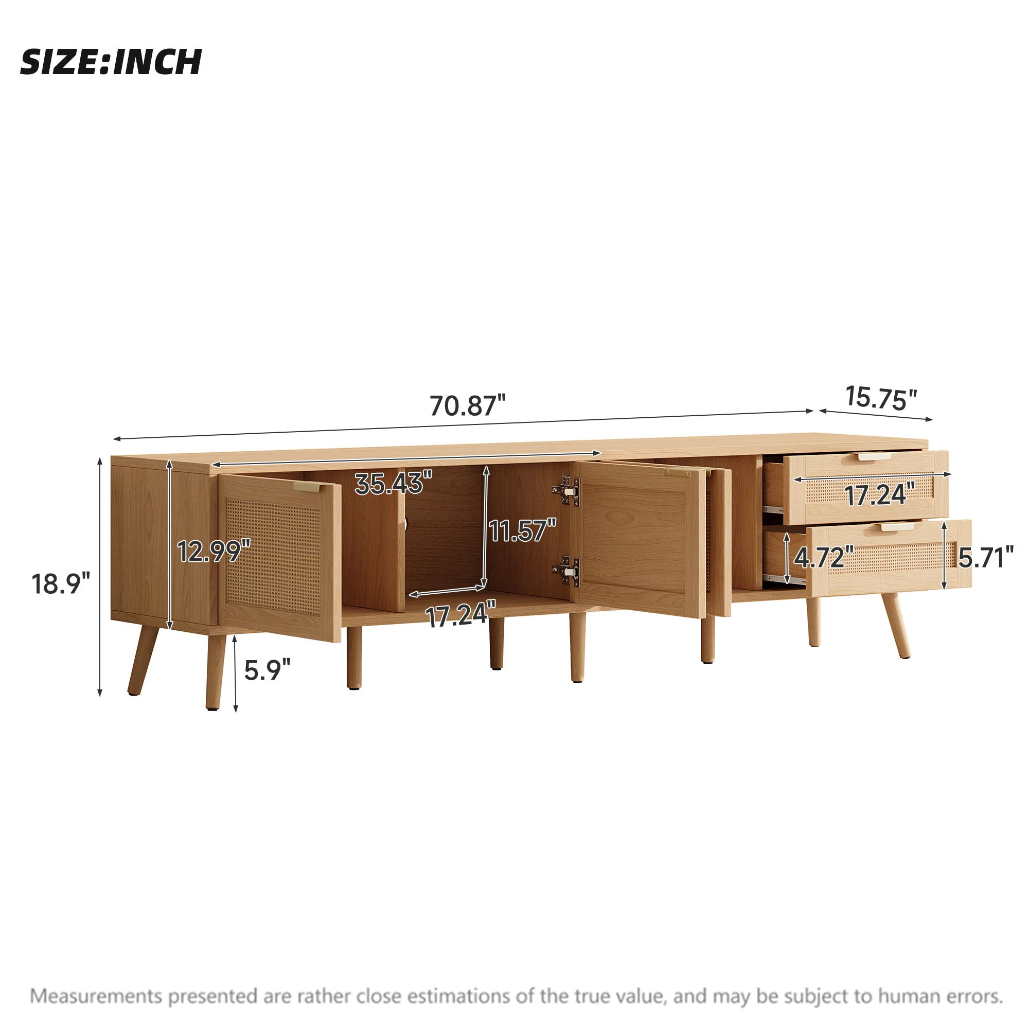 TV Stand, Media Console, 2 Drawers & Cable Management - Natural Wood - Image 3