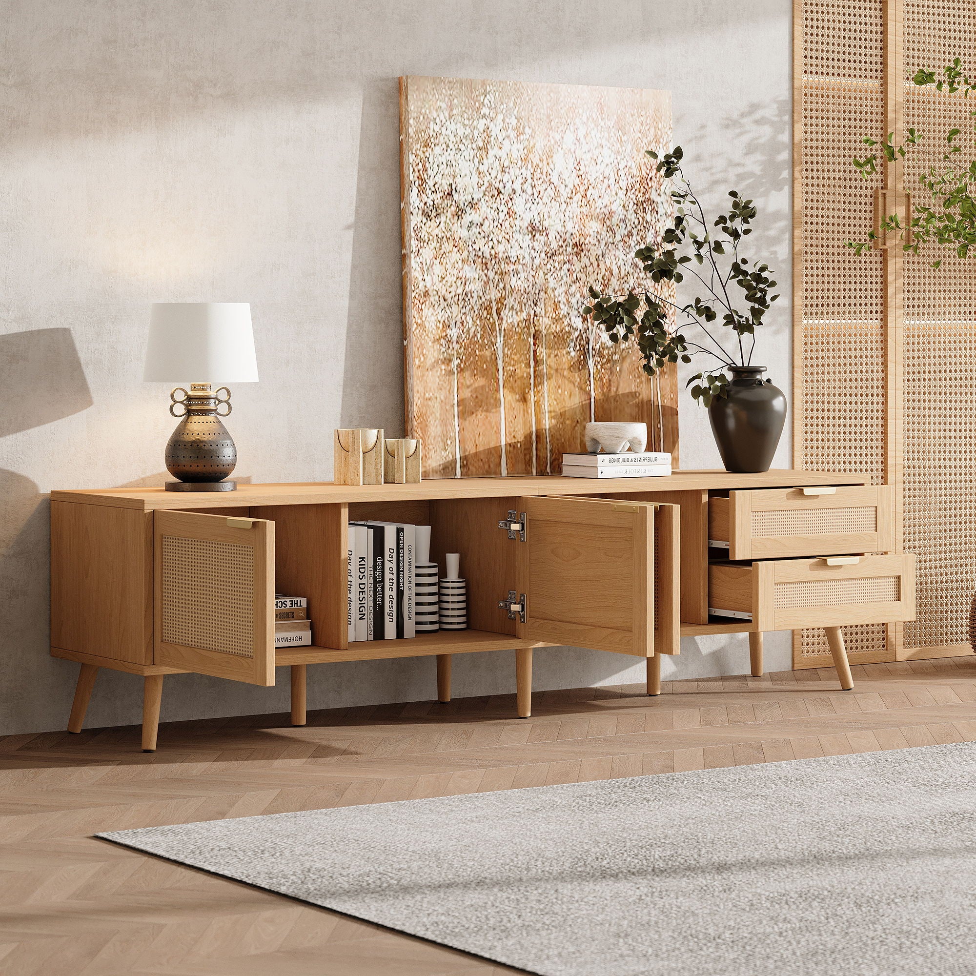 TV Stand, Media Console, 2 Drawers & Cable Management - Natural Wood - Image 8