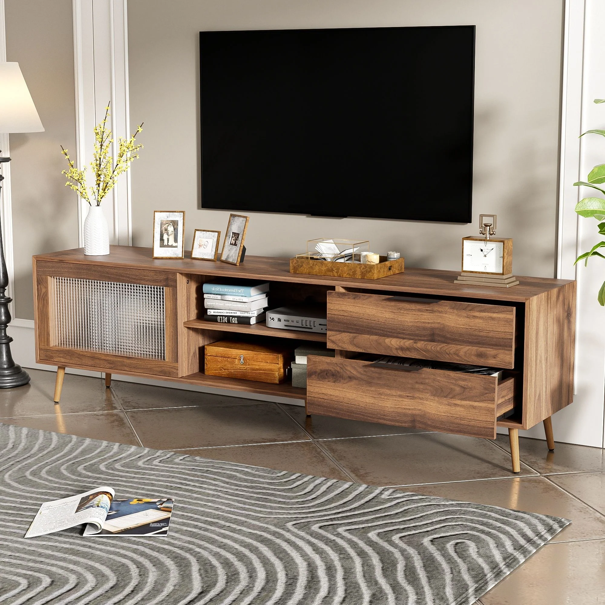 TV Stand, Media Console With 2 Doors, 2 Drawers & Storage Cabinet - Walnut - Image 4