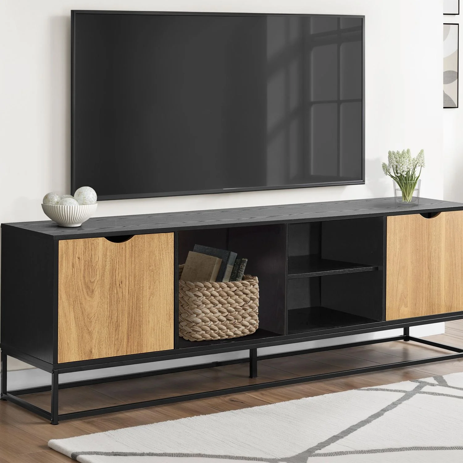 TV Stand, Storage Cabinet With Open And Closed Shelves, Console For Living Room - Black - Image 5