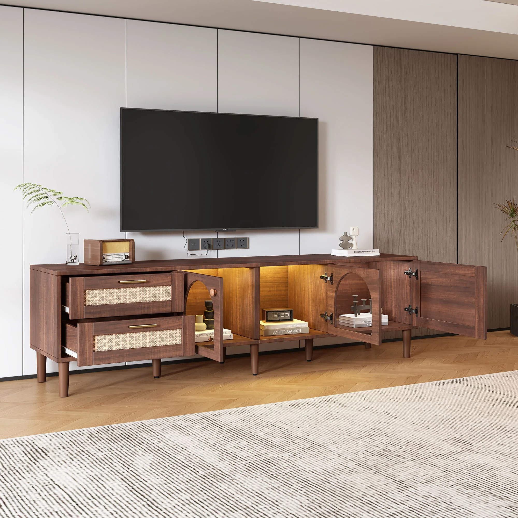 TV Stand With 3 Cabinets & 2 Drawers, LED Light Media Console For TVs Up To 80" - Dark Brown - Image 2