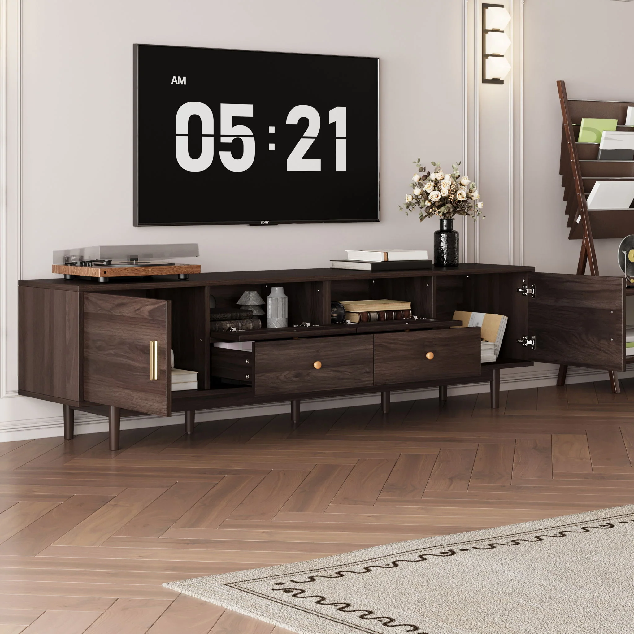TV Stand With Drawers, Accent Entertainment Center For Living Room - Dark Brown - Image 3