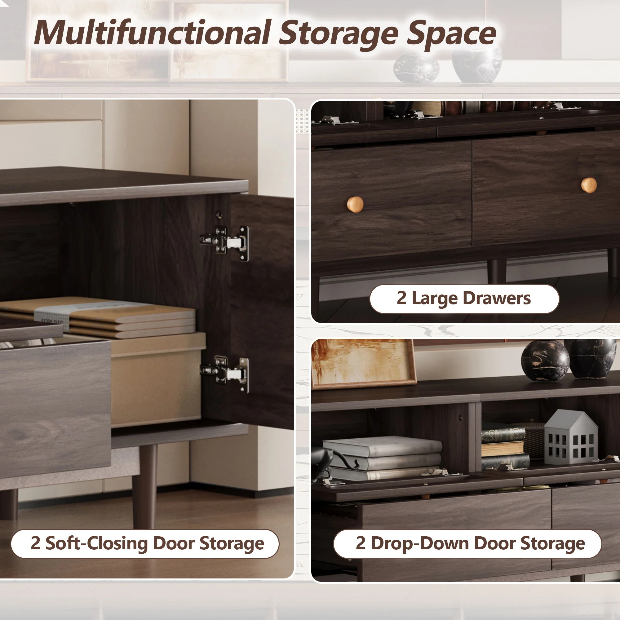 TV Stand With Drawers, Accent Entertainment Center For Living Room - Dark Brown - Image 4
