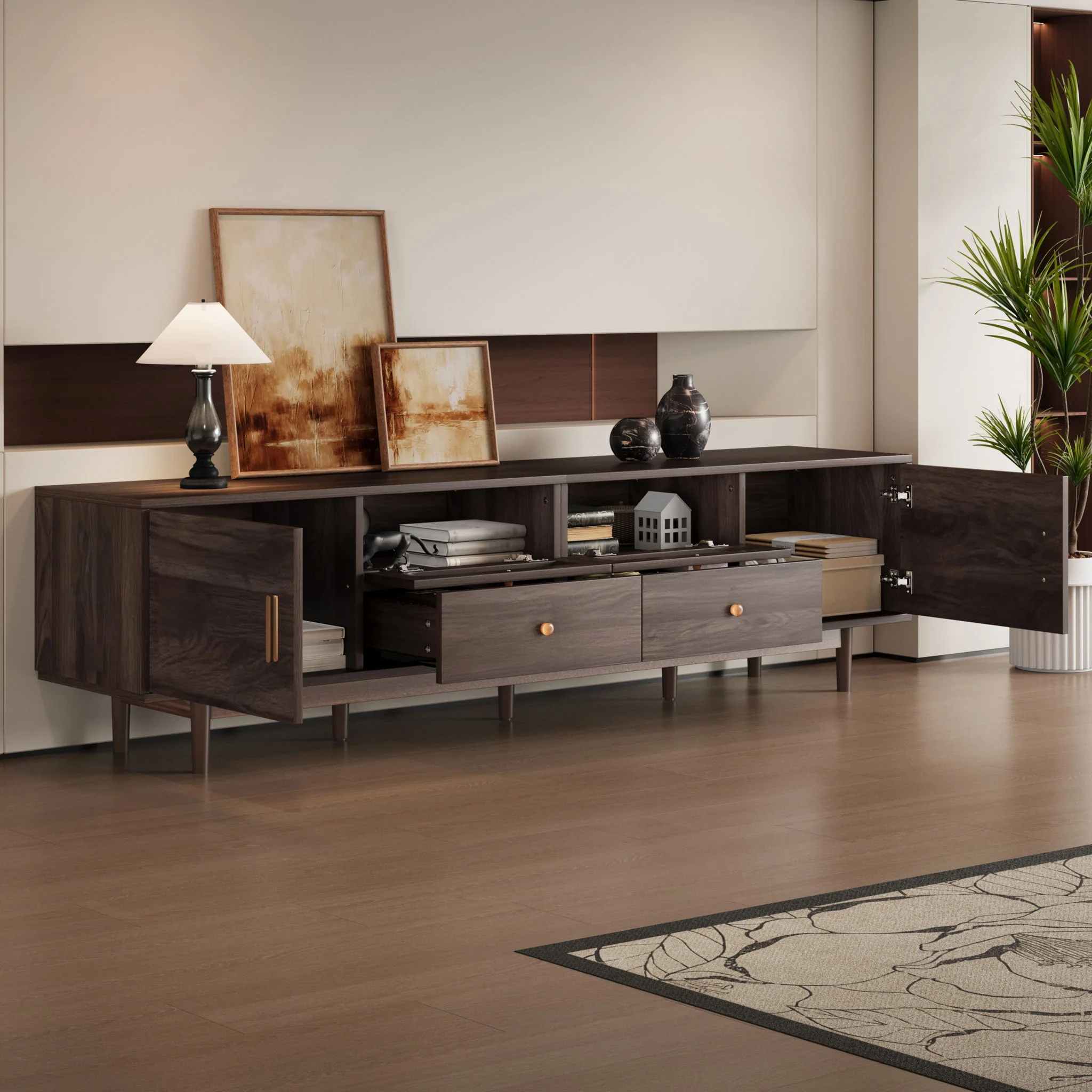 TV Stand With Drawers, Accent Entertainment Center For Living Room - Dark Brown - Image 5