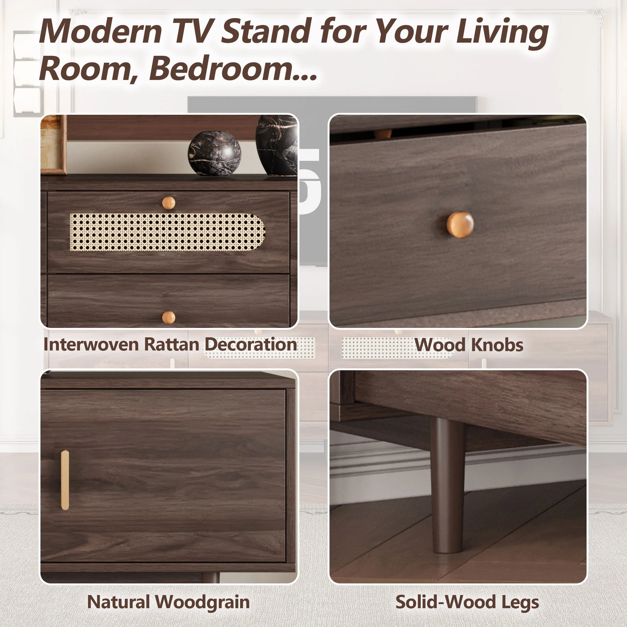 TV Stand With Drawers, Accent Entertainment Center For Living Room - Dark Brown - Image 6