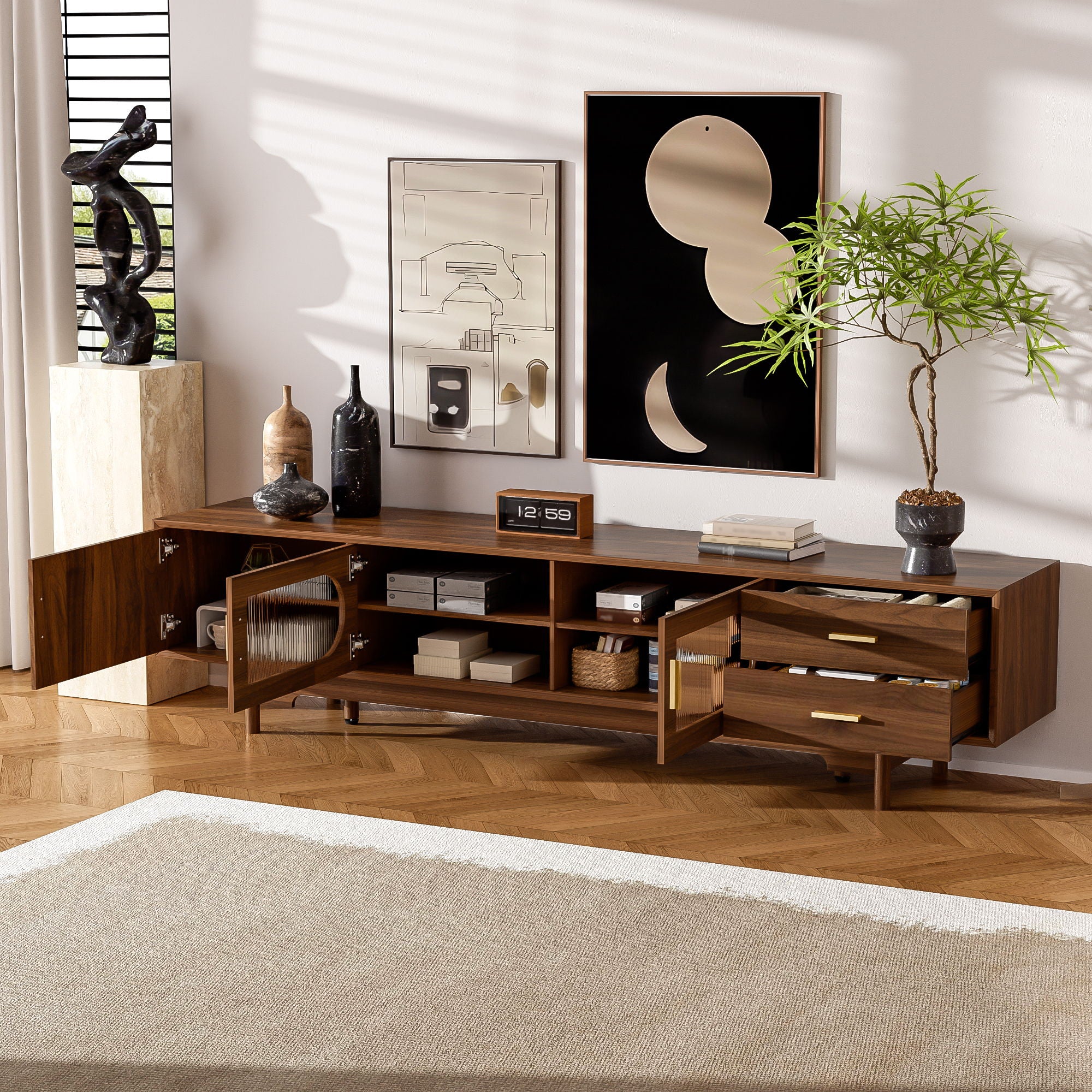 TV Stand With Fluted Doors, 2 Drawers - Walnut - Image 4