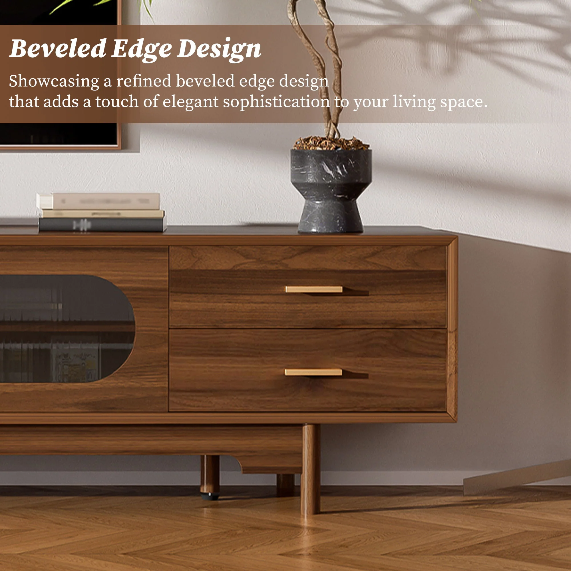 TV Stand With Fluted Doors, 2 Drawers - Walnut - Image 6
