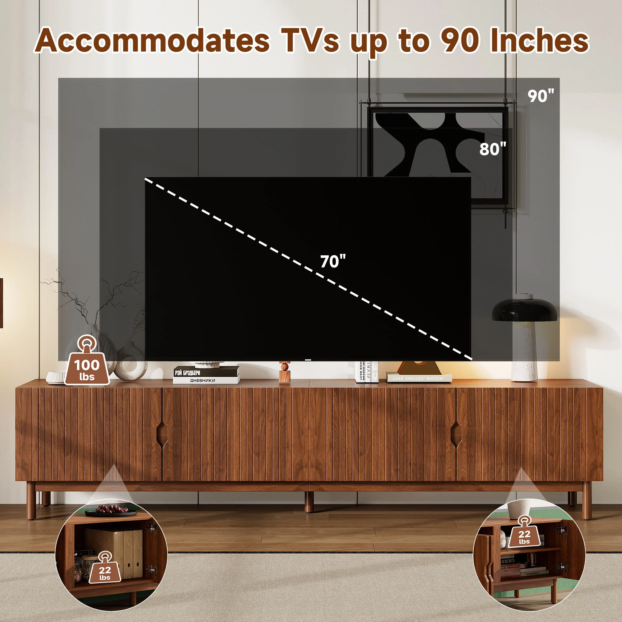 TV Stand With Legs, Media Console, 4 Cabinets For Living Room - Natural Wood - Image 3
