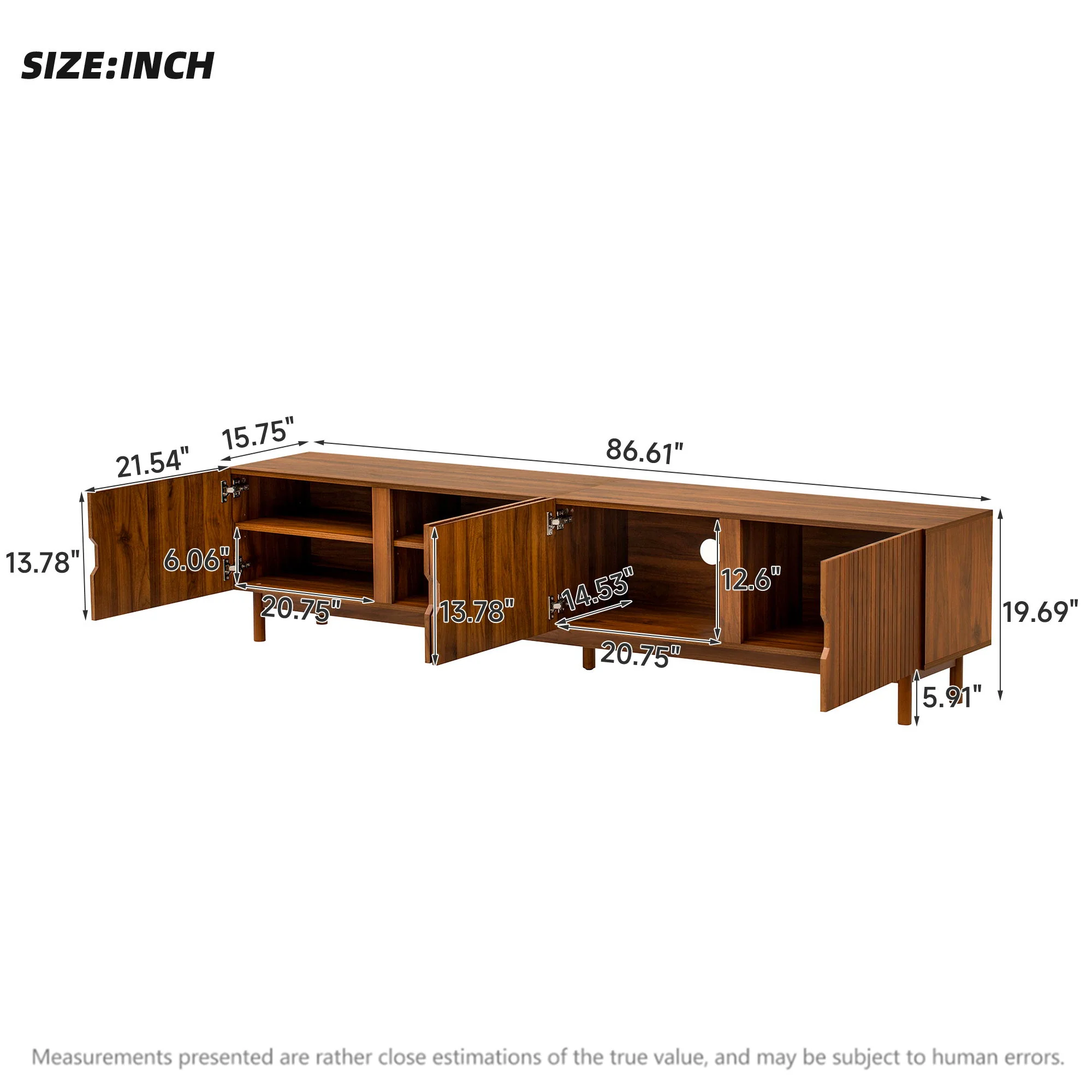 TV Stand With Legs, Media Console, 4 Cabinets For Living Room - Natural Wood - Image 8