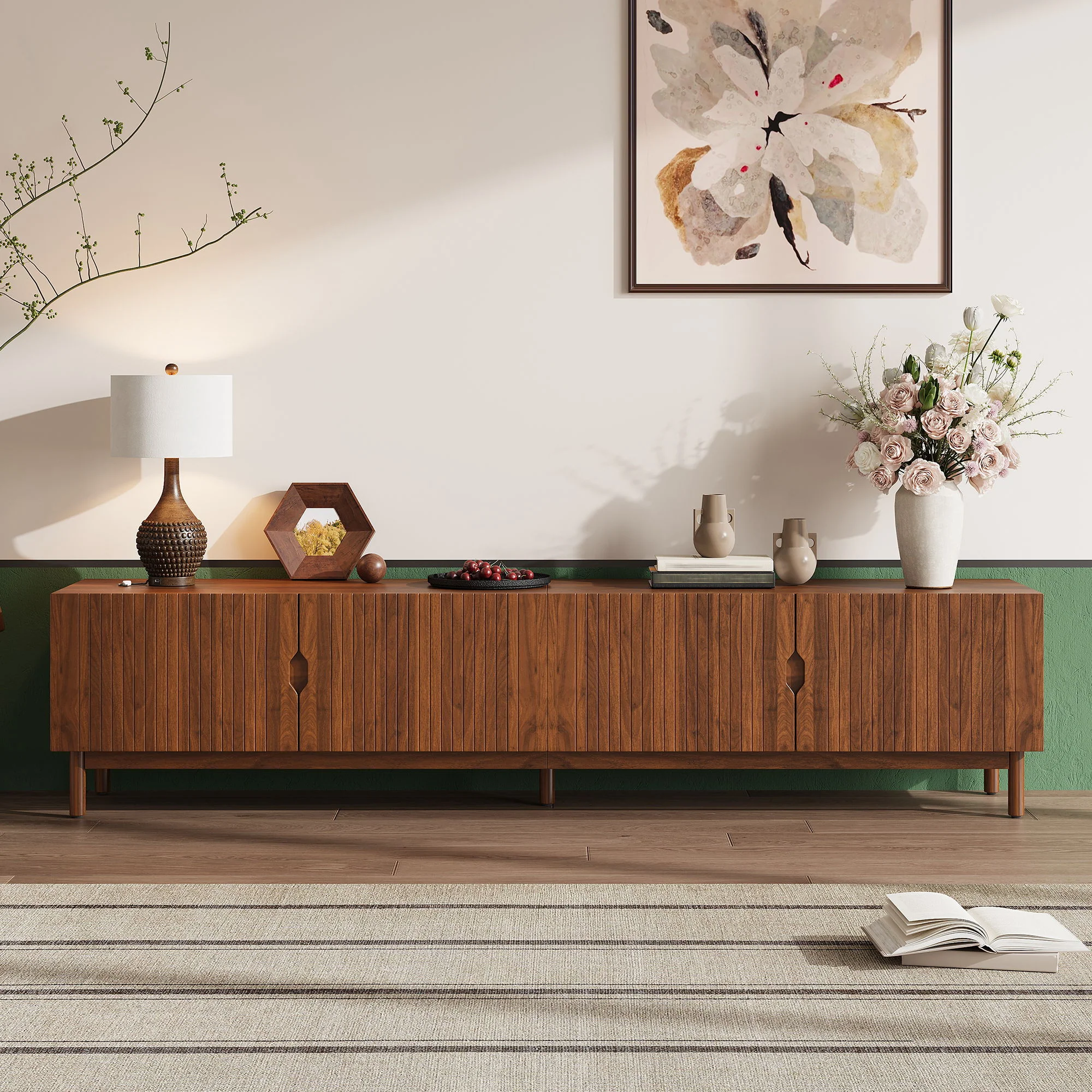 TV Stand With Legs, Media Console, 4 Cabinets For Living Room - Natural Wood - Image 9