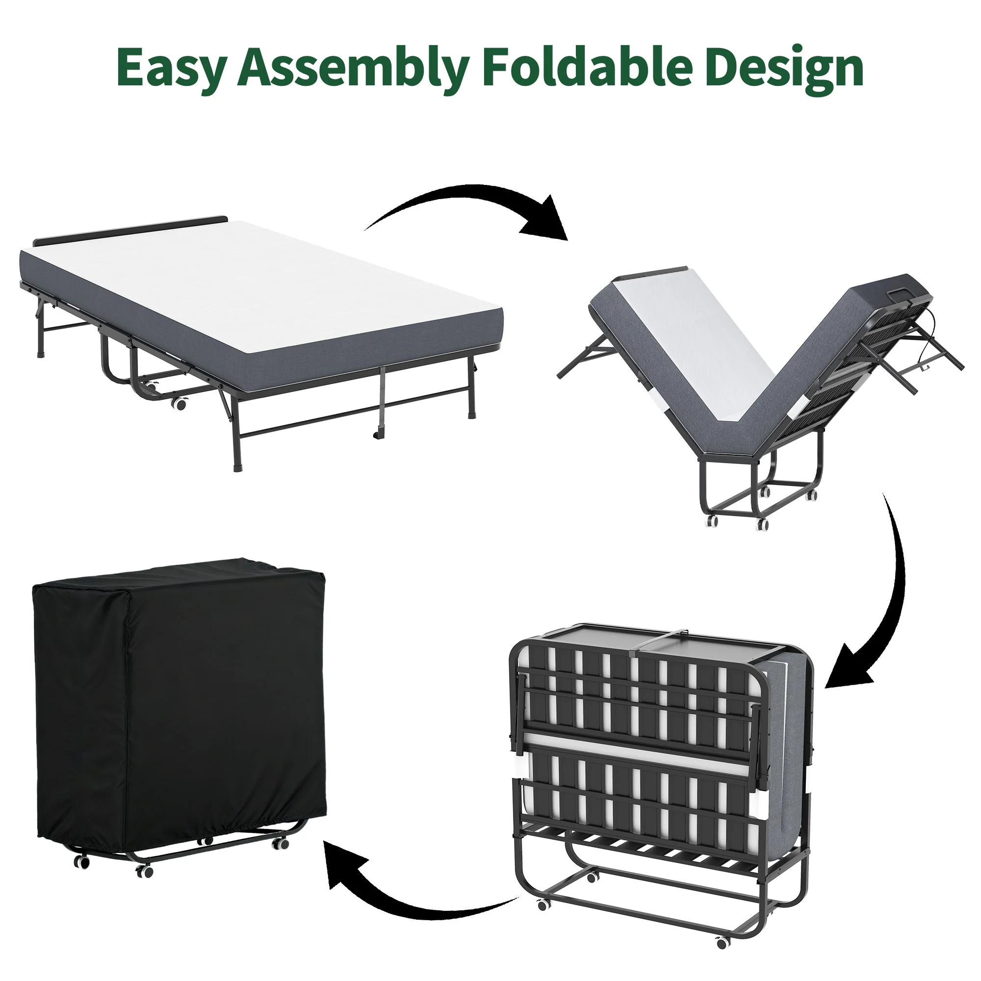 Twin Extra Long Folding Bed With Adjustable Headboard, Cot With Memory Foam Mattress - Black - Image 6