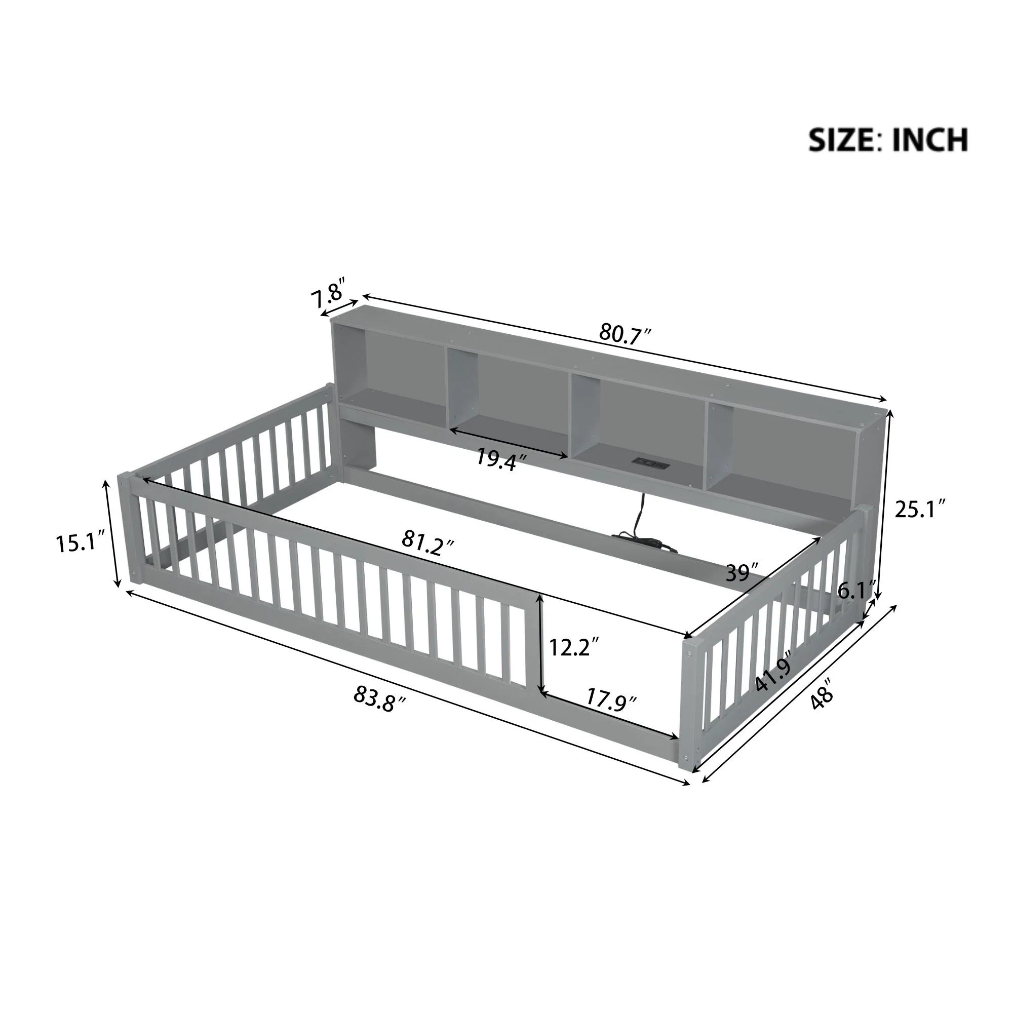 Twin Long Floor Bed With Storage Cabinets And USB Ports - Gray - Image 6