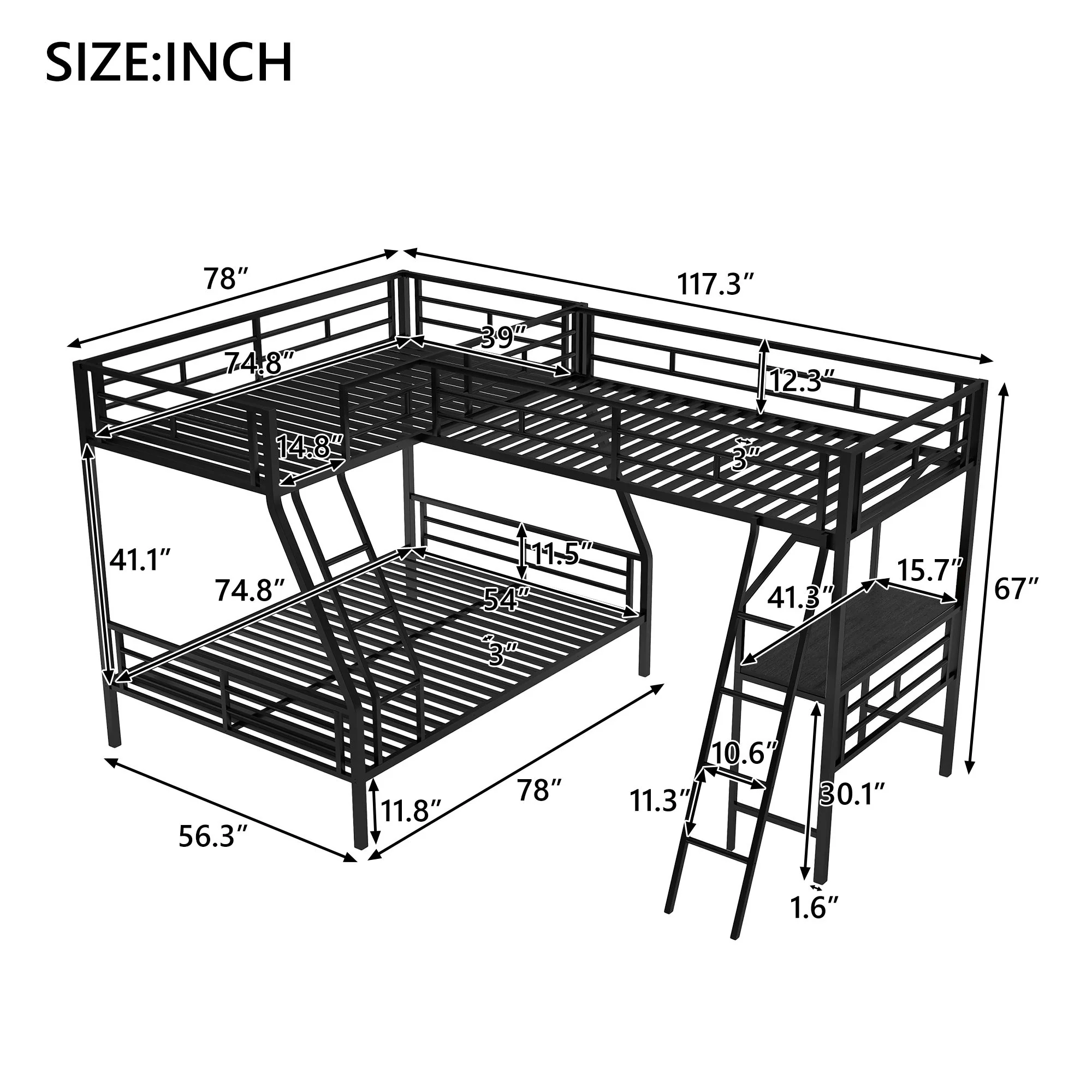 Twin Over Full Bunk Bed With Loft And Desk, L-Shaped Design For 3 Sleepers - Black - Image 6