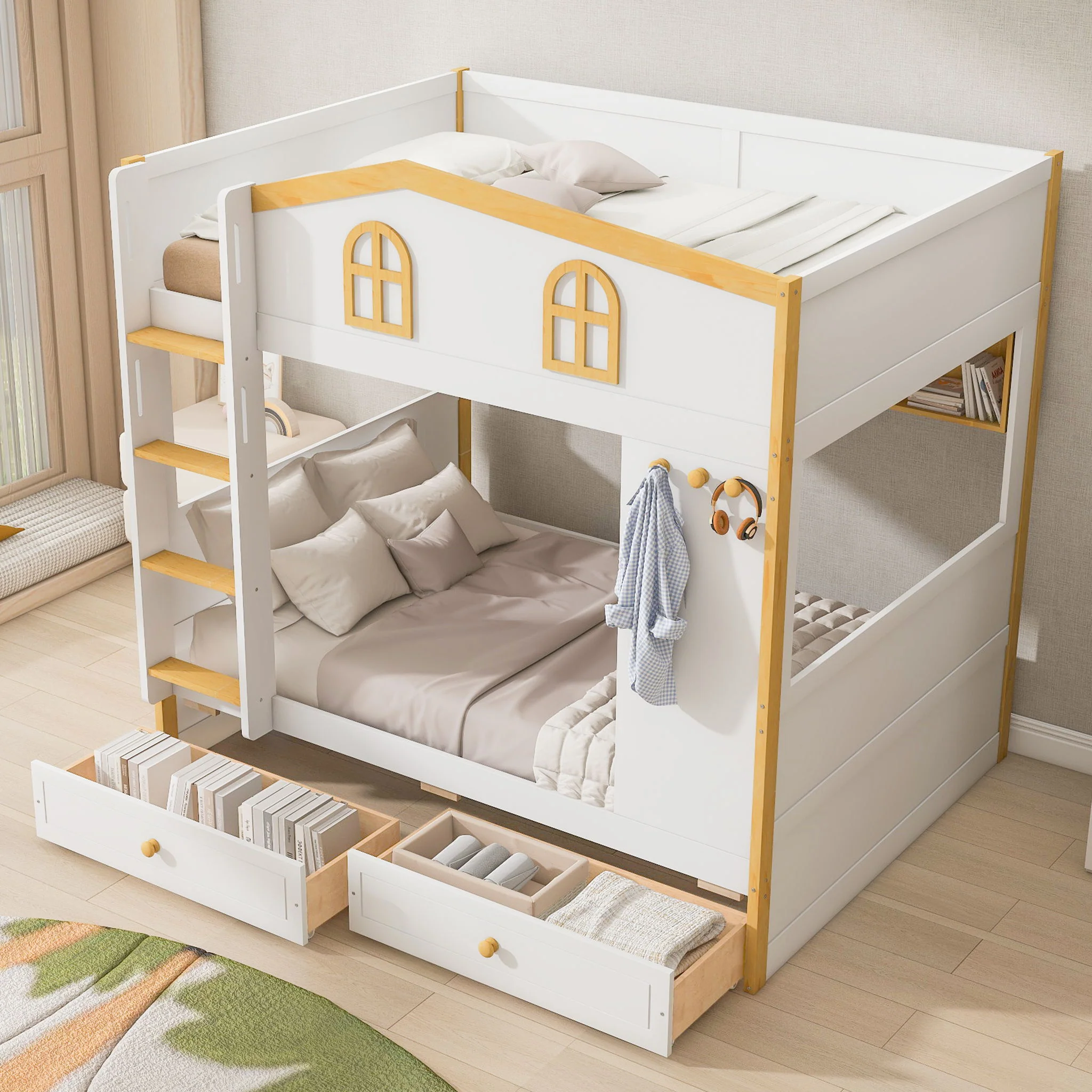 Twin Over Twin Bunk Bed With House Shaped Guardrails, Storage Shelves & Drawers - White / Natural - Image 4