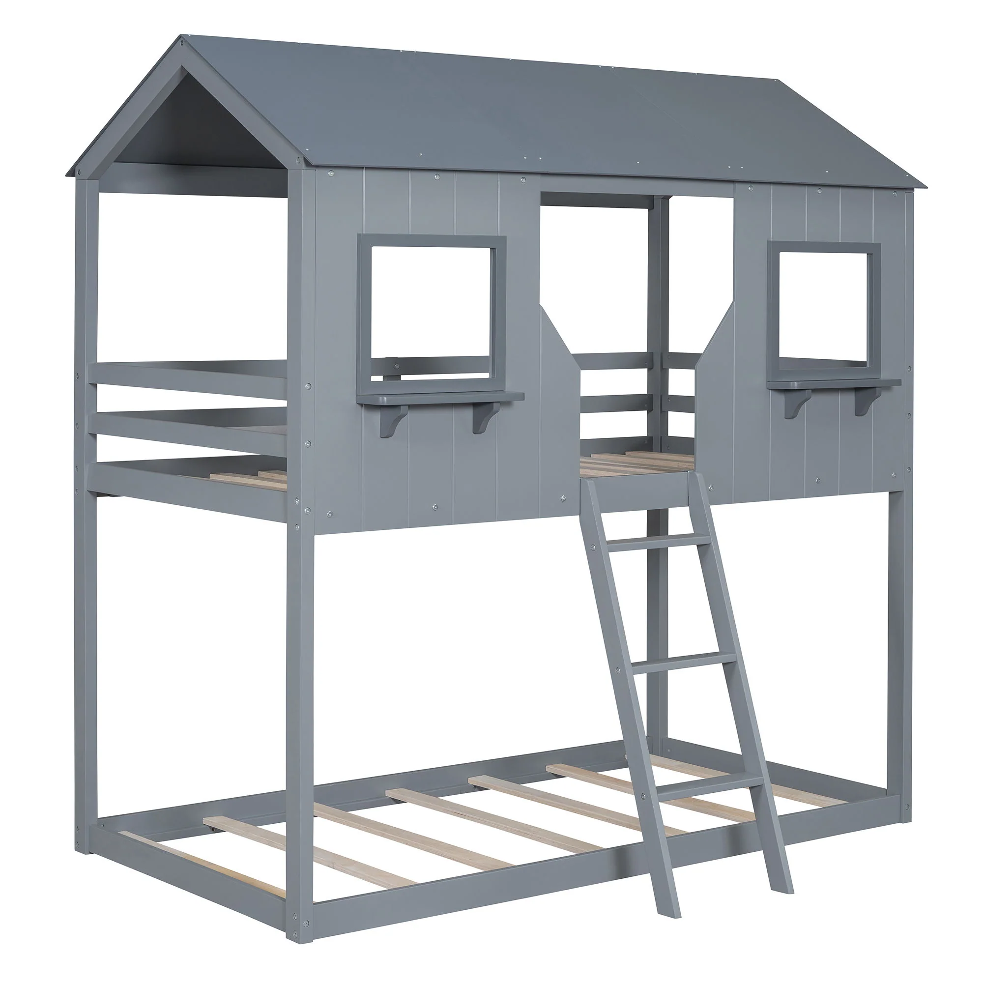 Twin Over Twin Bunk Bed With Roof, Window, Guardrail, Ladder - Image 4