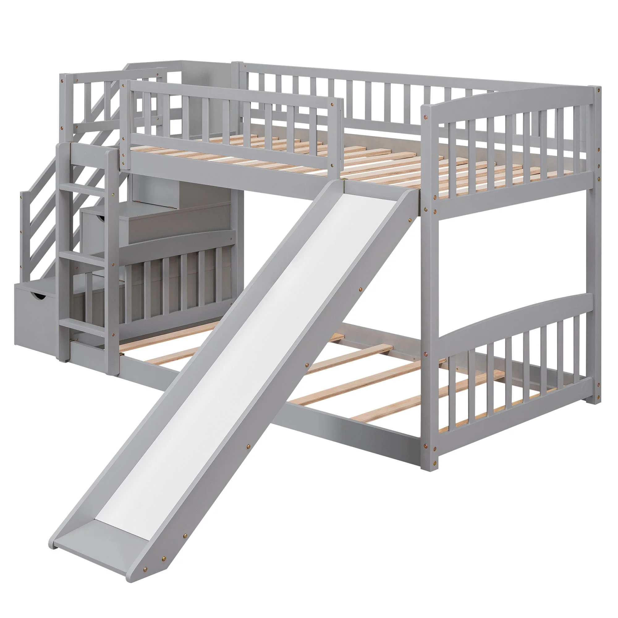 Twin Over Twin Bunk Stairway Bed With 2 Drawers And Slide - Gray - Image 3