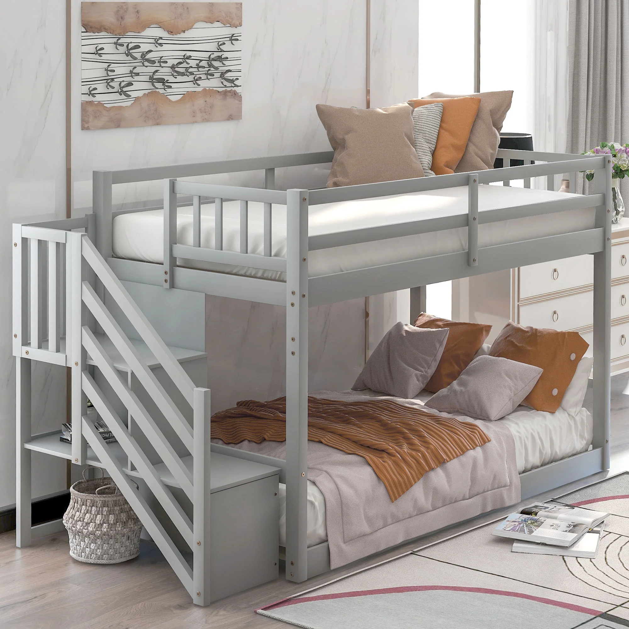Twin Over Twin Floor Bunk Bed, Ladder With Storage - Image 15
