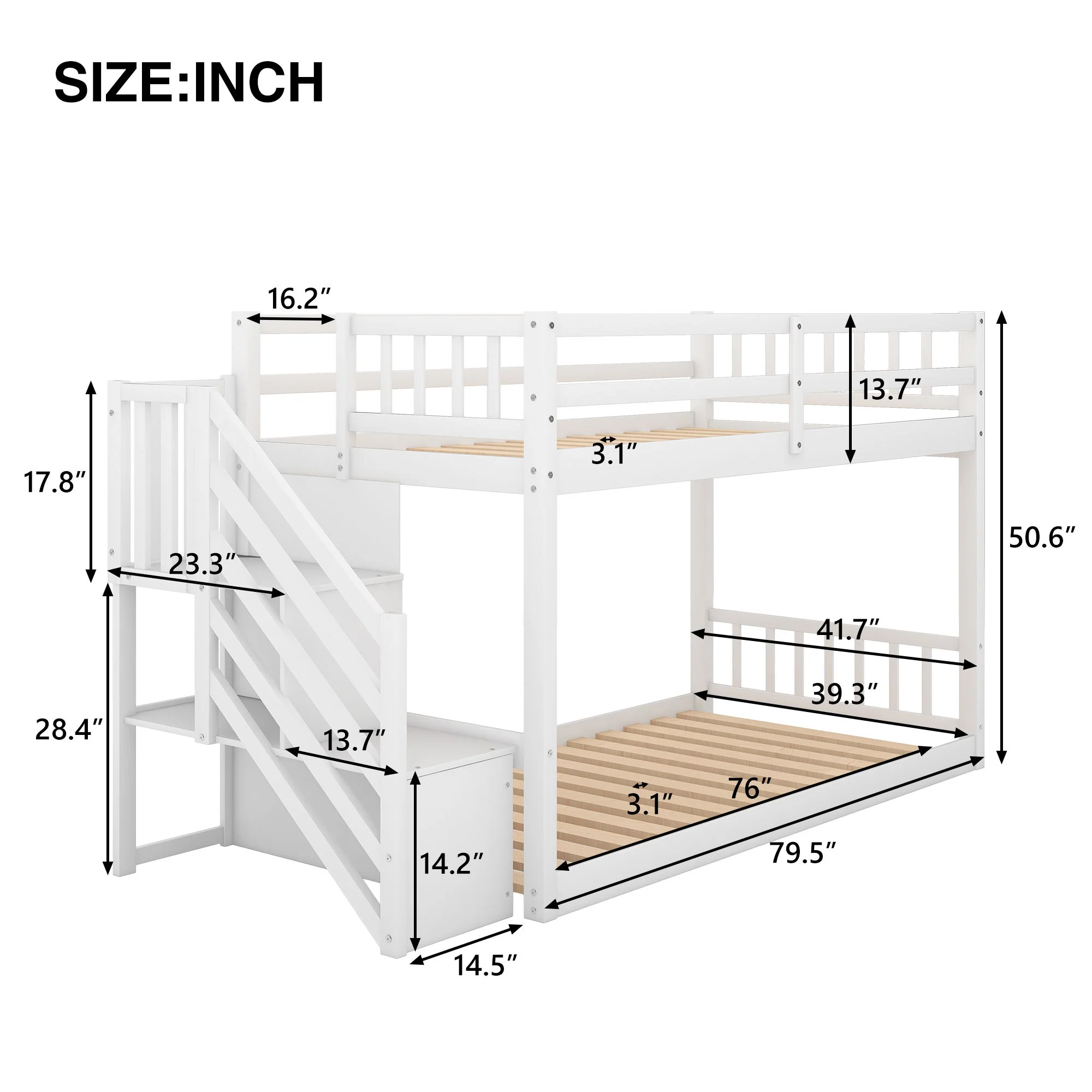 Twin Over Twin Floor Bunk Bed, Ladder With Storage - Image 3