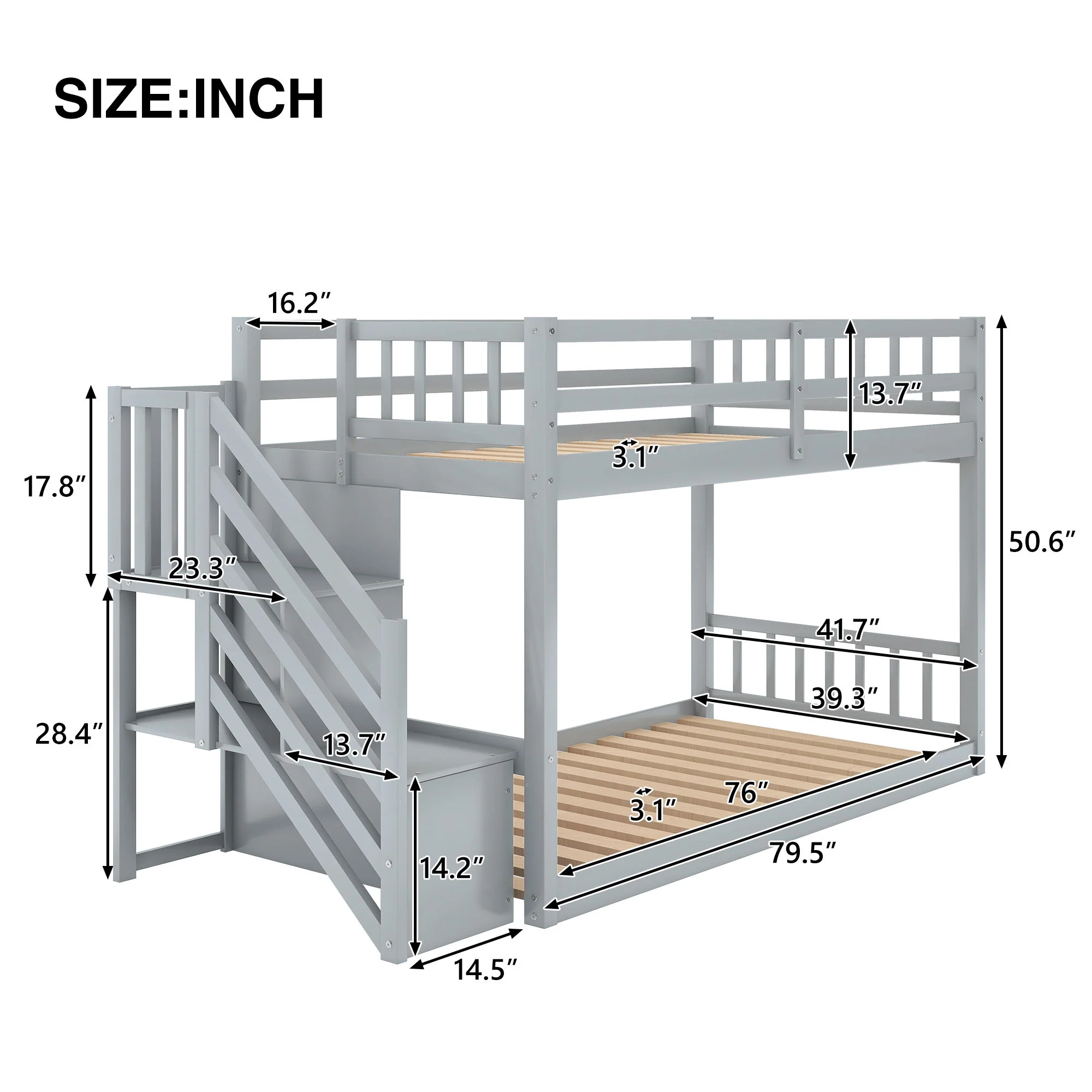 Twin Over Twin Floor Bunk Bed, Ladder With Storage - Image 8