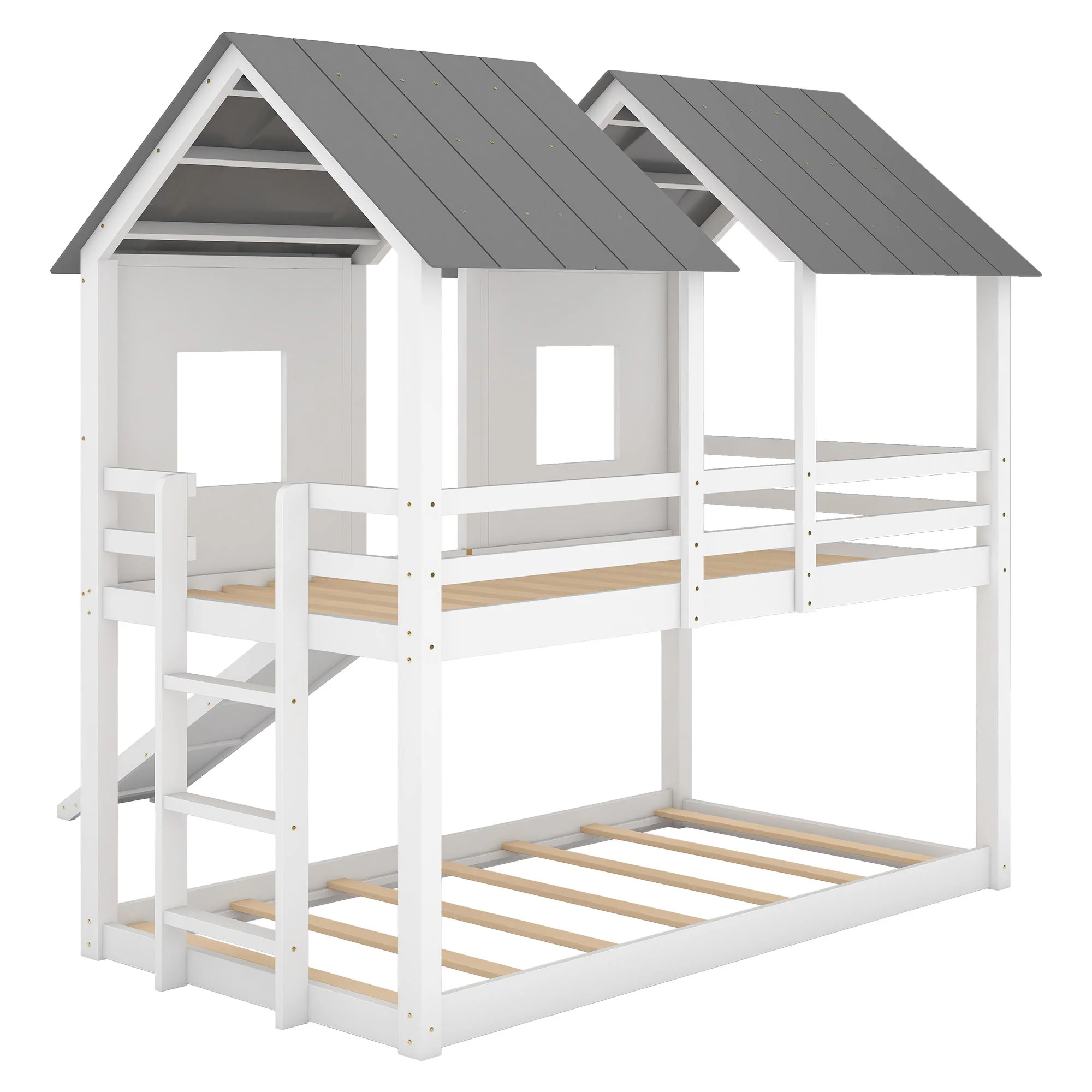 Twin Over Twin House Bunk Bed With Slide And Windows - White / Gray - Image 2