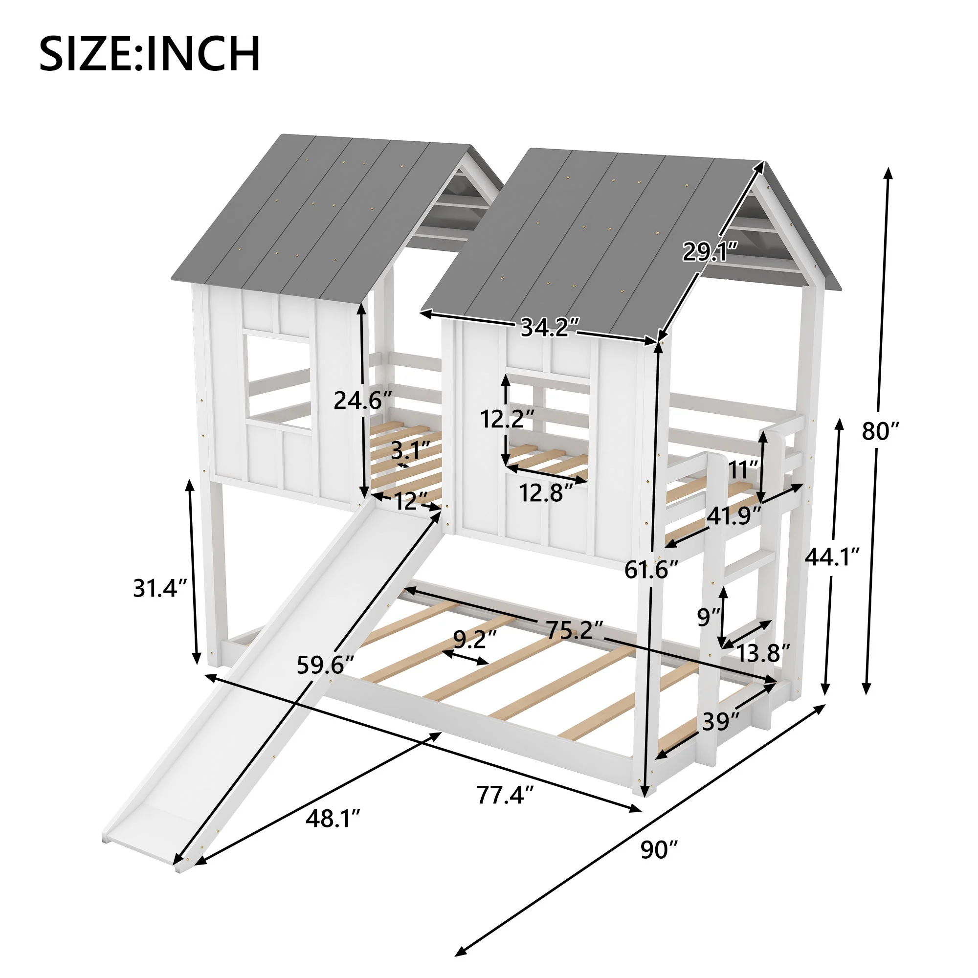 Twin Over Twin House Bunk Bed With Slide And Windows - White / Gray - Image 9