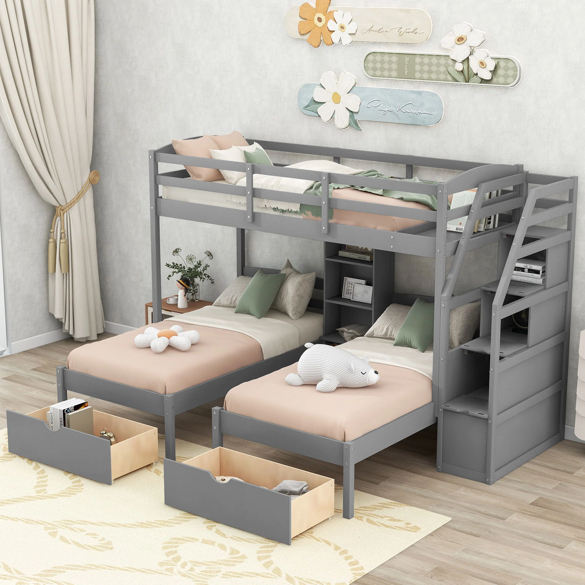 Twin Over Twin & Twin Bunk Bed With Drawers, Staircase Storage, Built In Shelves - Gray - Image 3