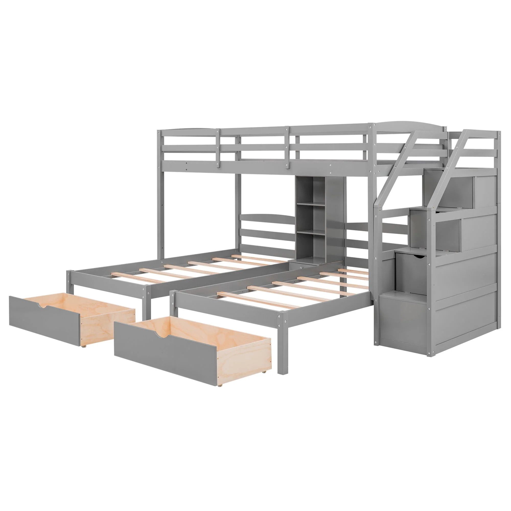 Twin Over Twin & Twin Bunk Bed With Drawers, Staircase Storage, Built In Shelves - Gray - Image 5
