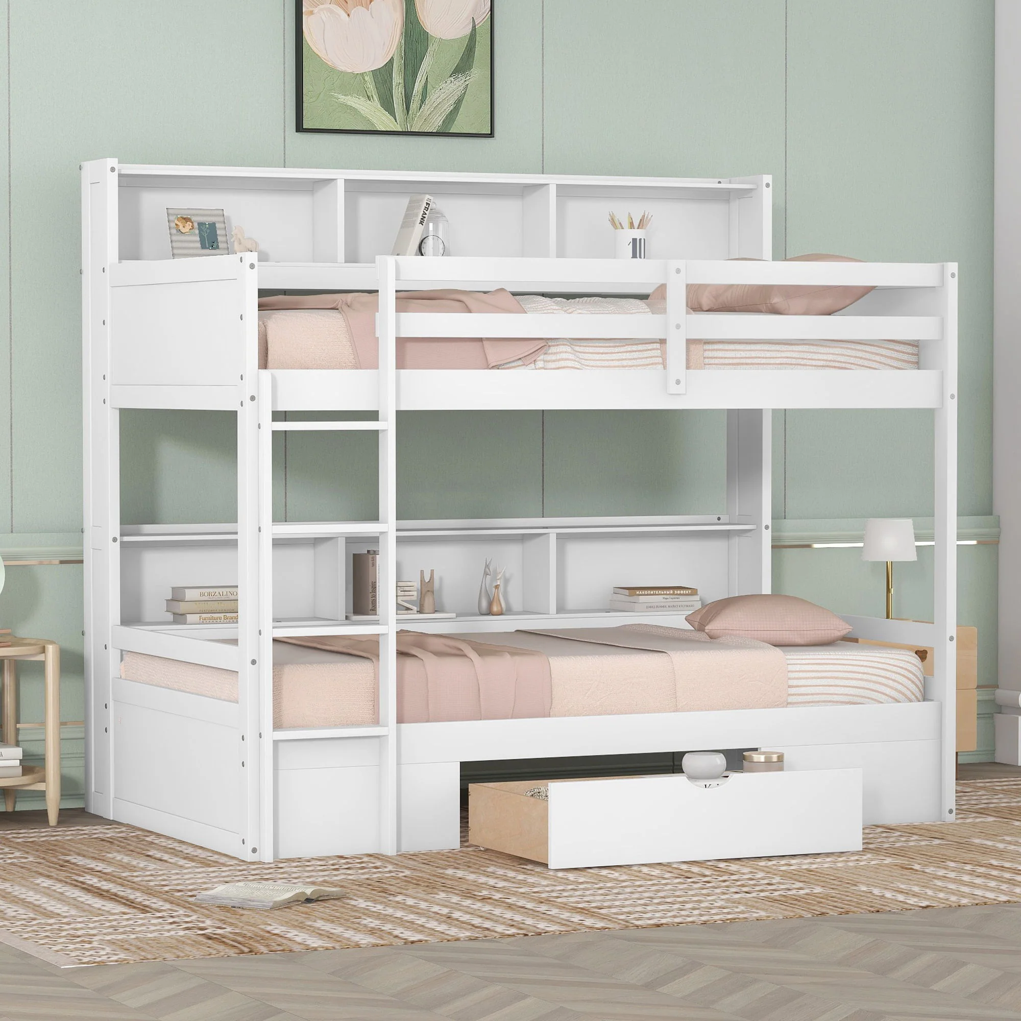 Twin Size Bunk Bed With Built-In Shelves Beside Both Upper And Down Bed And Storage Drawer - Image 9