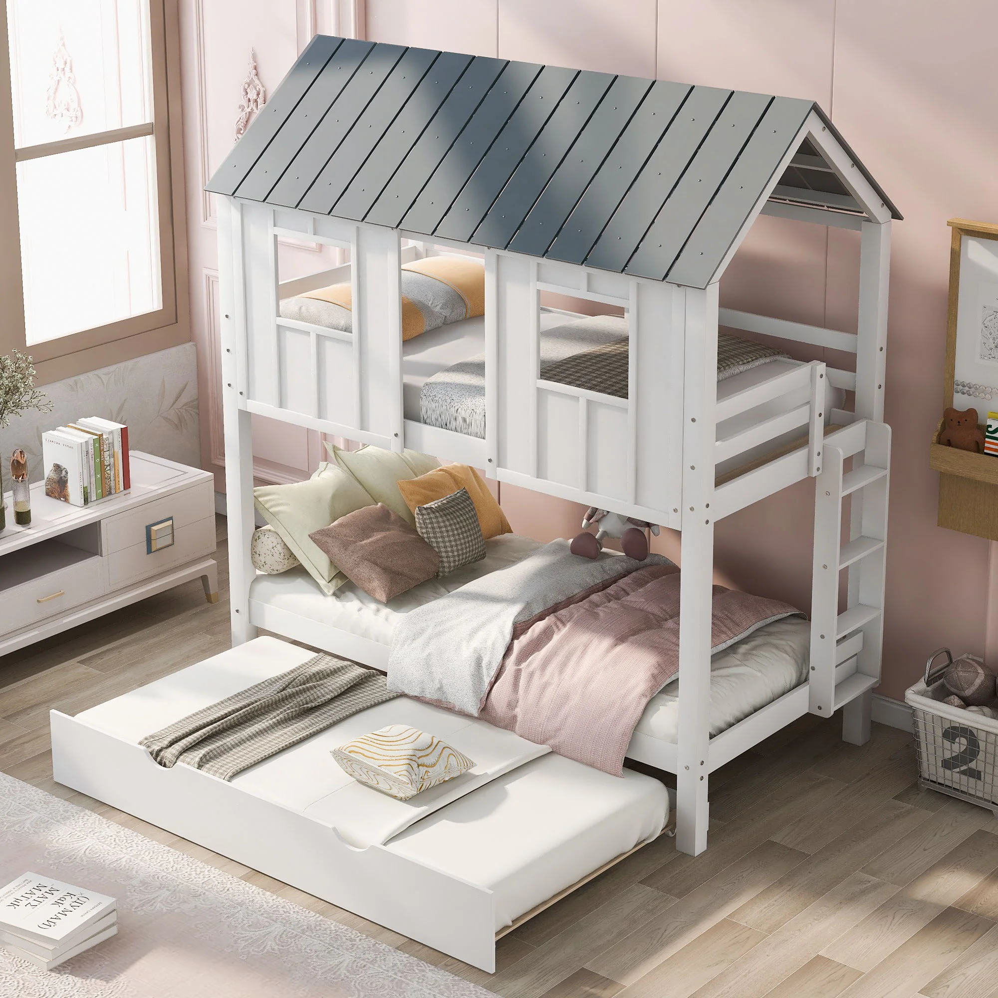 Twin Size House Bunk Bed With Trundle, Roof And Windows - White / Gray - Image 9