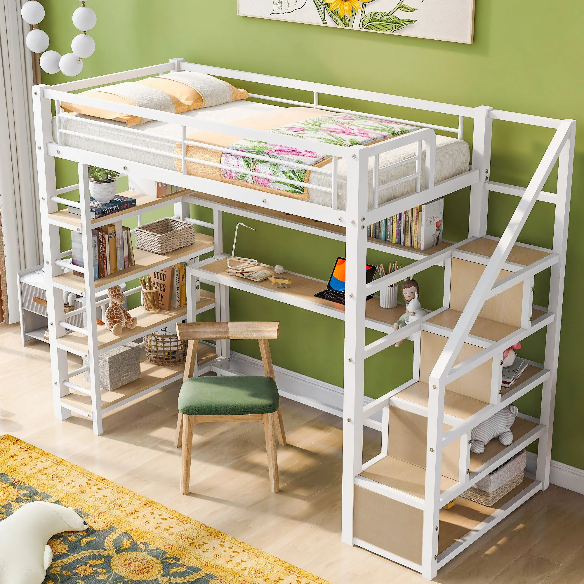 Twin Size Loft Bed With Built In Desk, Staircase Storage & 4 Tier Shelves - White - Image 5