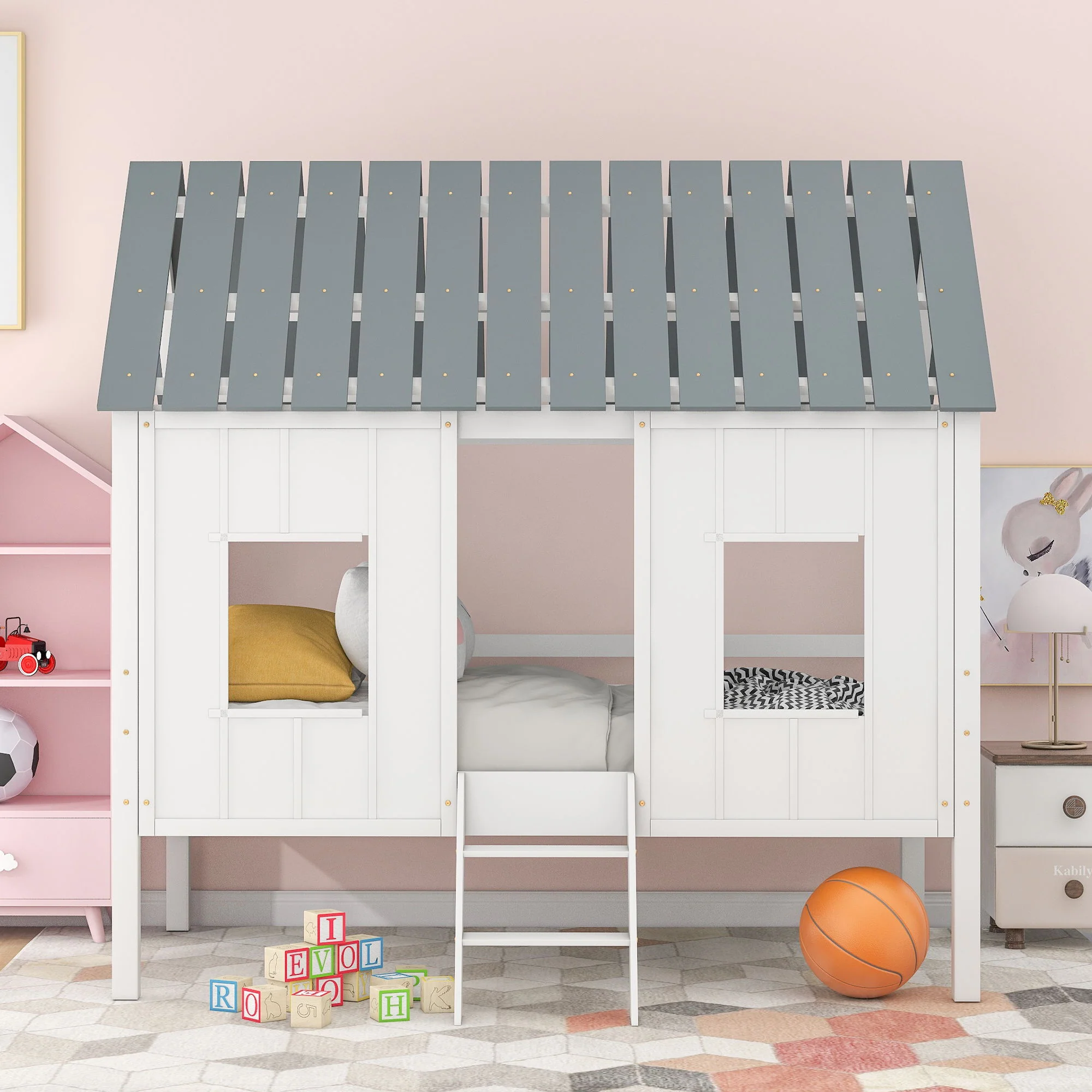 Twin Size Low Loft House Bed With Roof And 2 Front Windows - White - Image 6