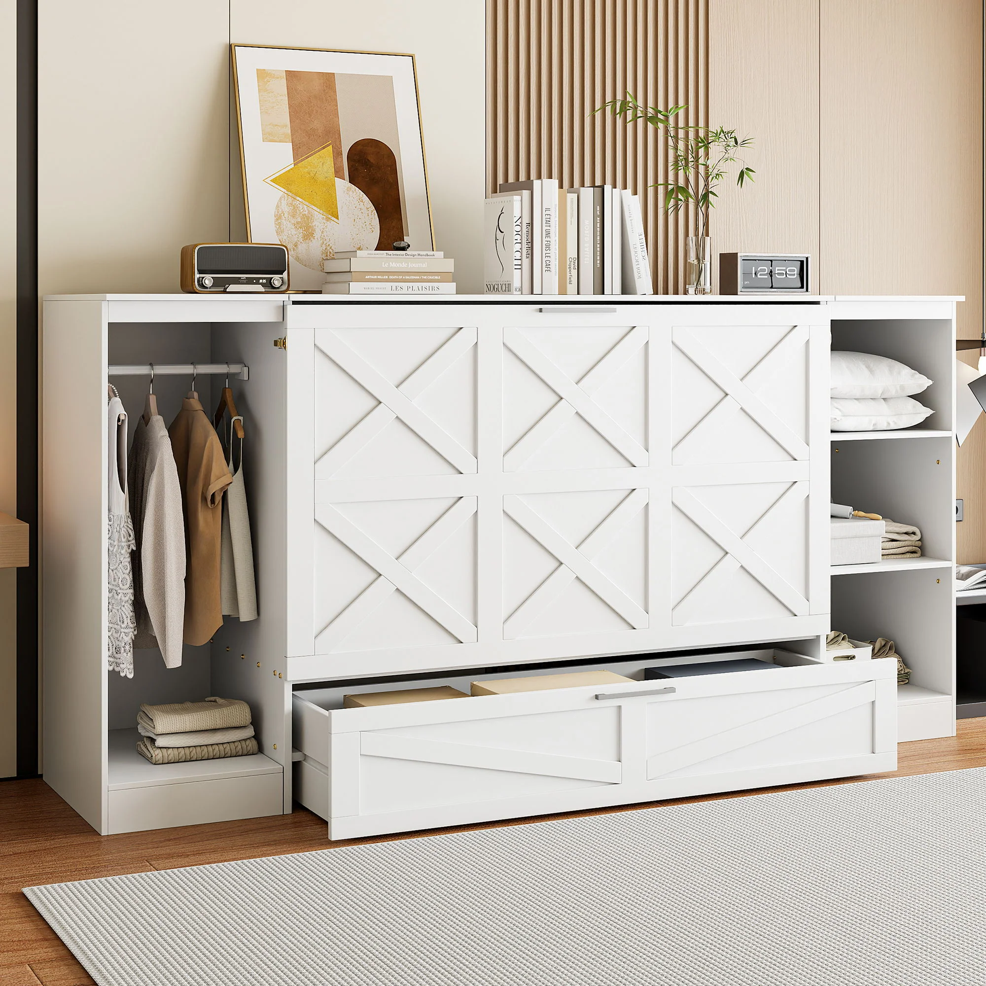 Twin Size Murphy Bed With Bedside Shelves And Wardrobe - White - Image 9