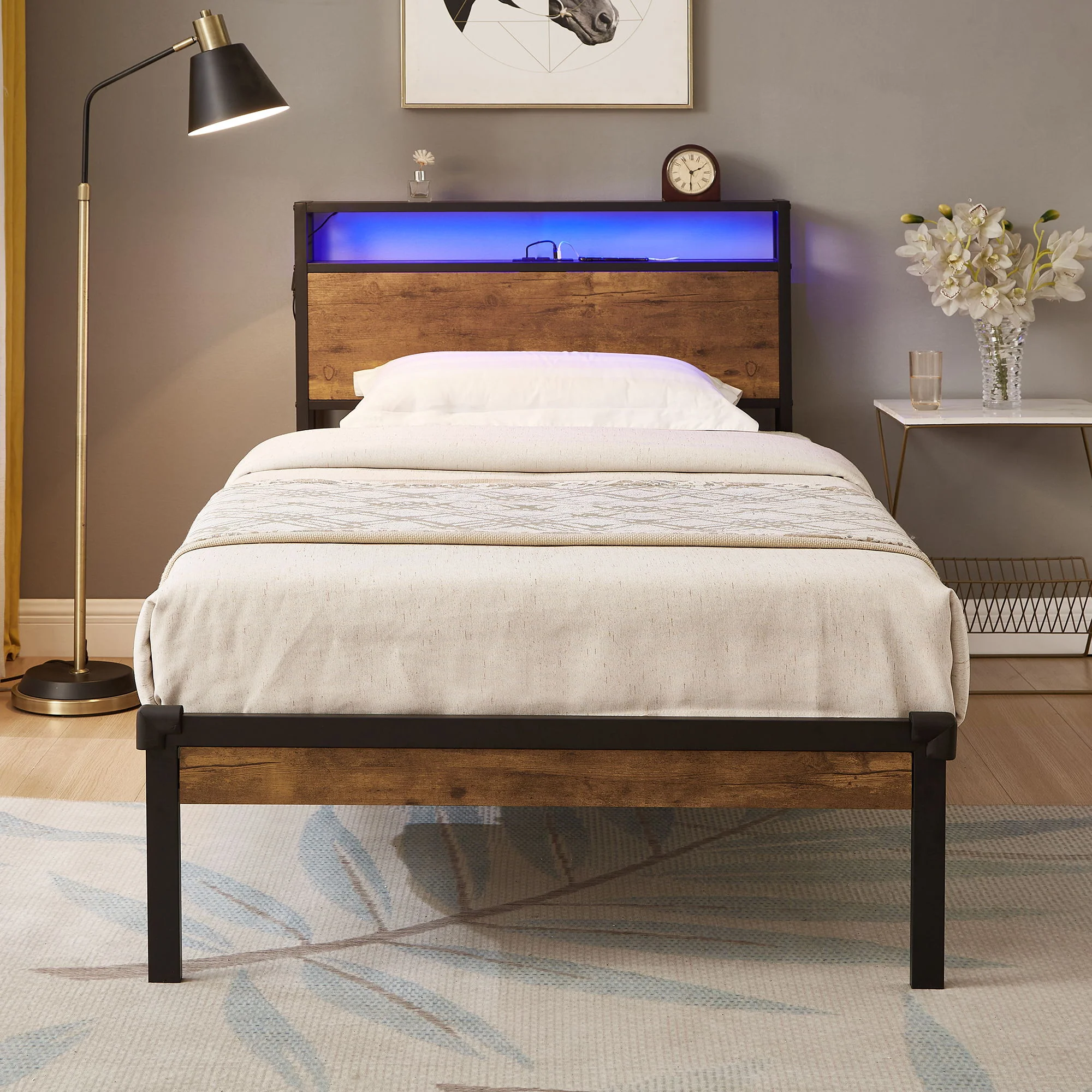 Twin Size Platform Bed Frame, LED Lights With Remote Control, USB Charging Port, Large Under Bed Storage - Black / Brown - Image 5