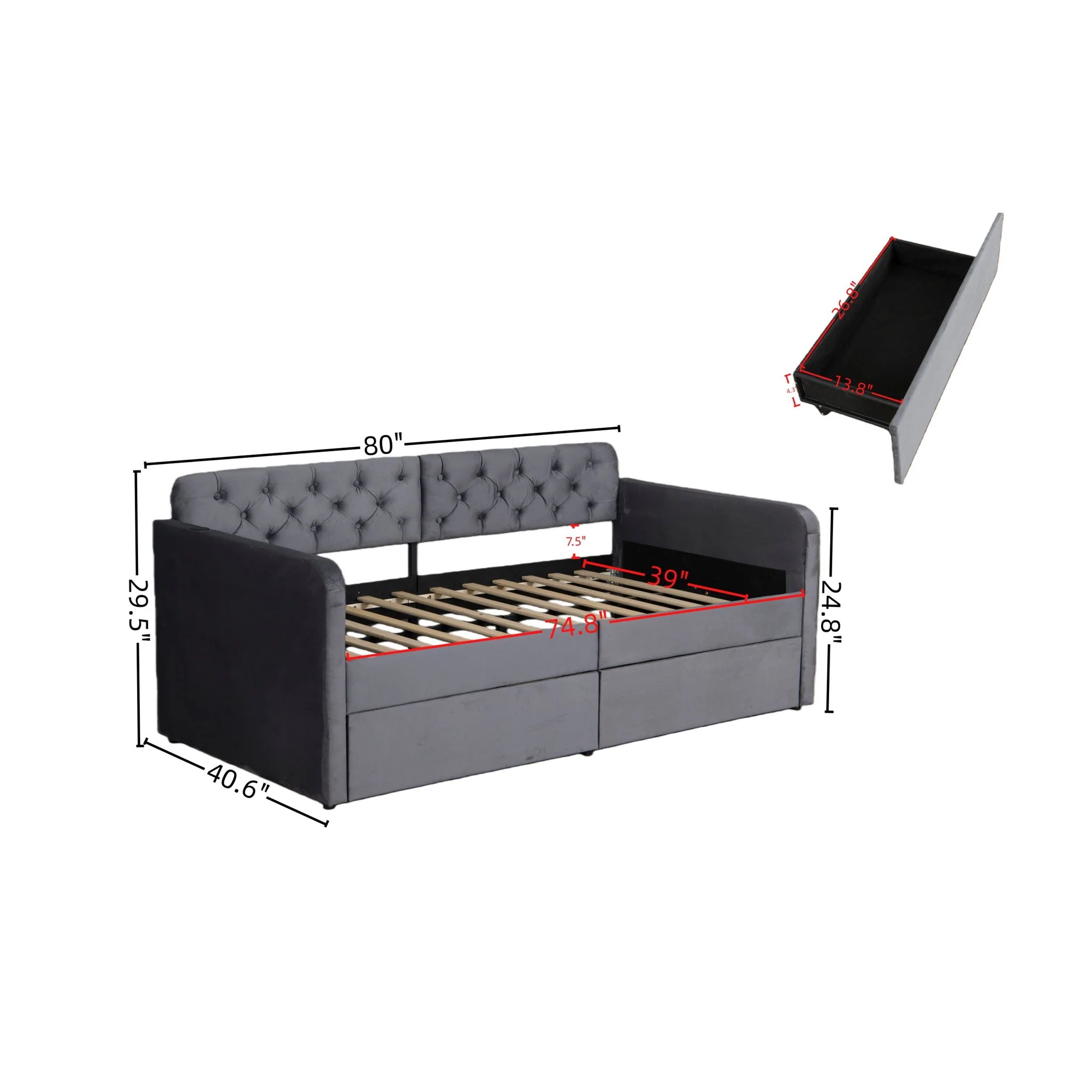Twin Size Upholstered Daybed With 2 Storage Drawers And USB Charging Design - Gray - Image 3