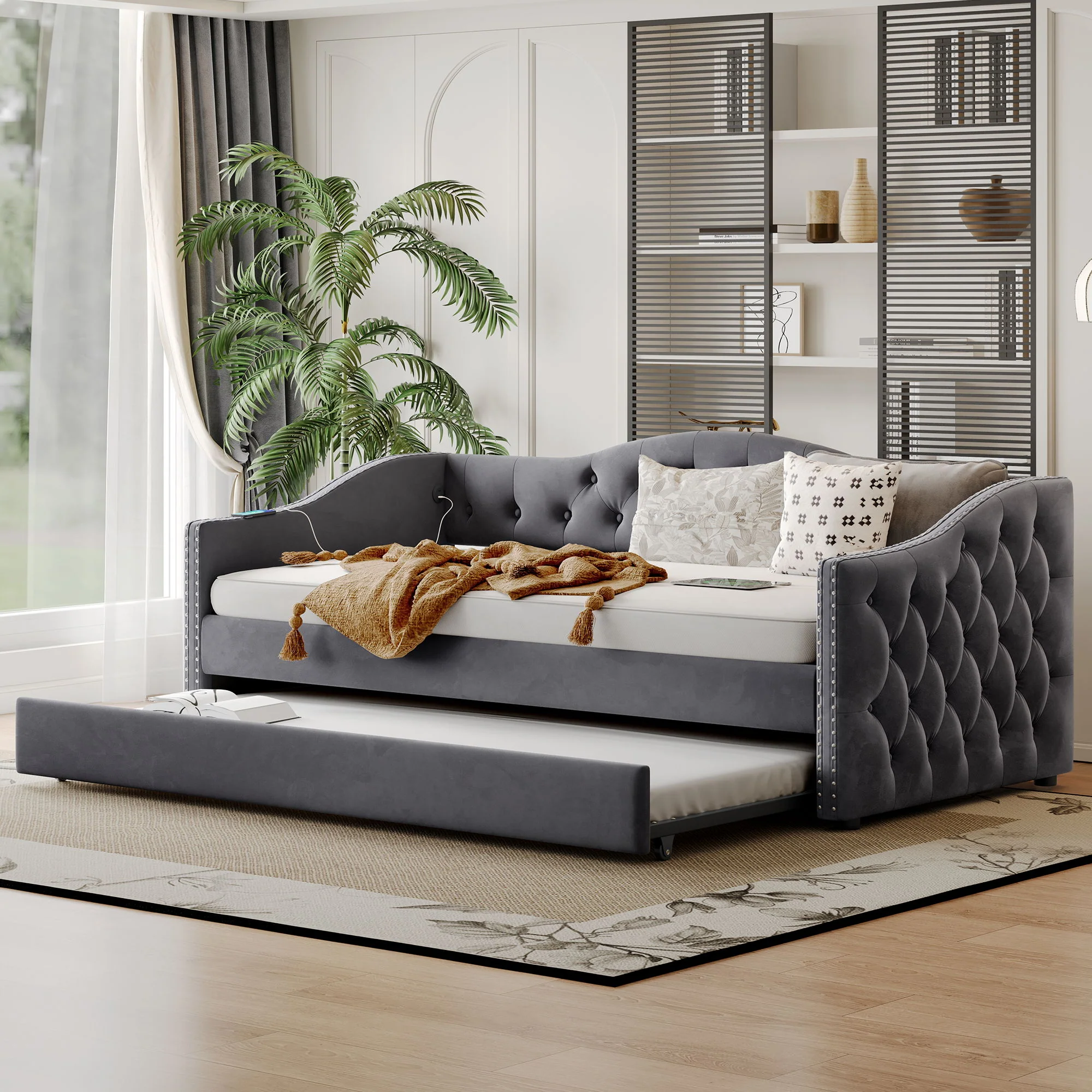 Twin Size Upholstered Daybed With Trundle And USB Charging Design For Bedroom - Gray - Image 2