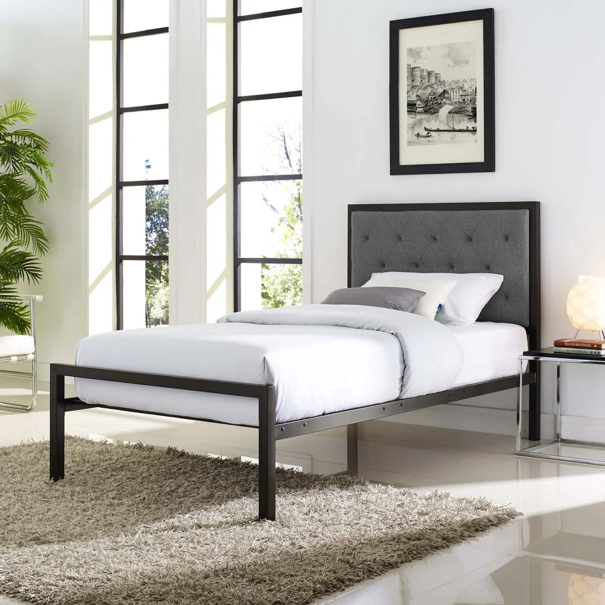 Twin Tufted Button Fabric and Steel Platform Bed in Brown - Image 4