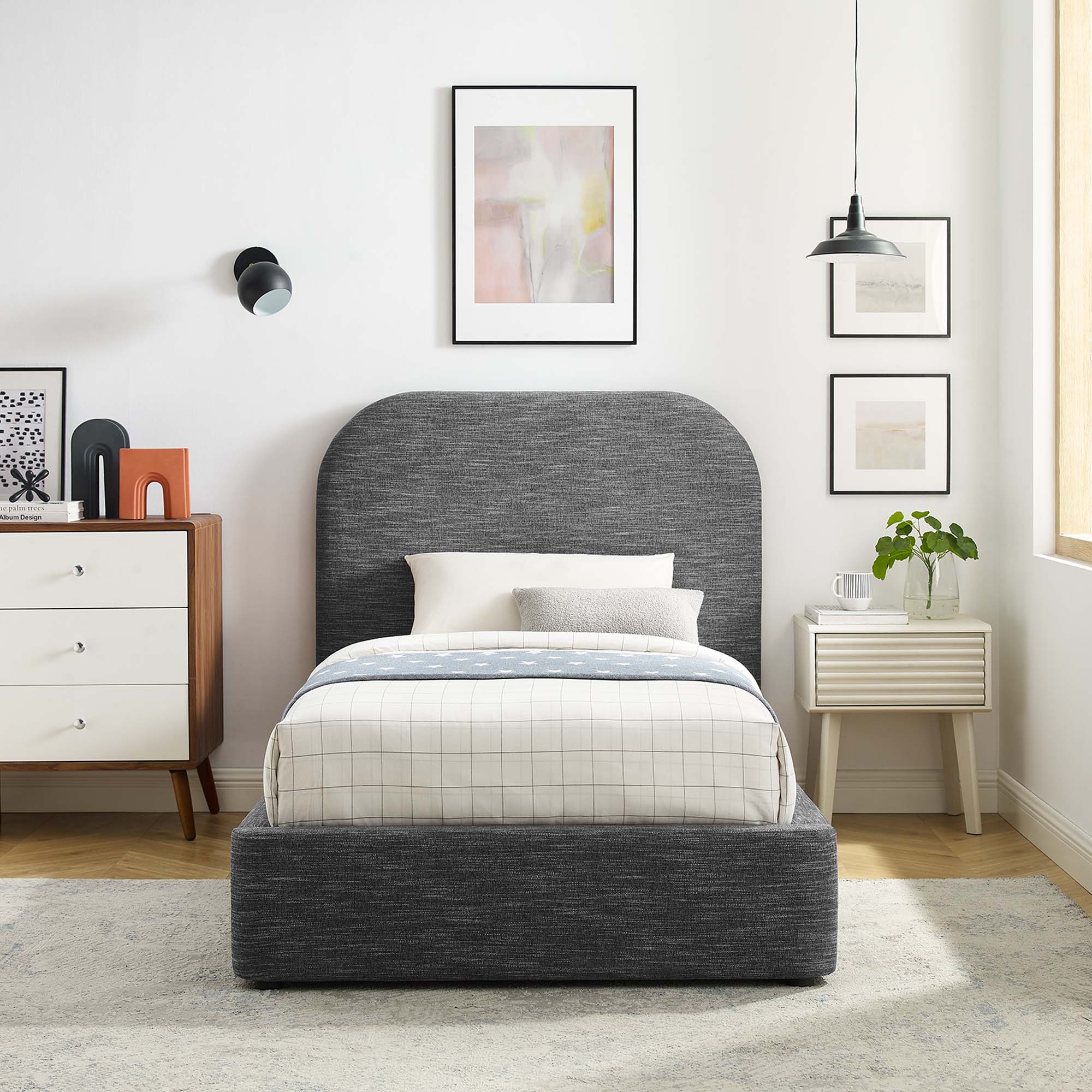 Upholstered Curved Platform Bed with Heathered Fabric - Image 15