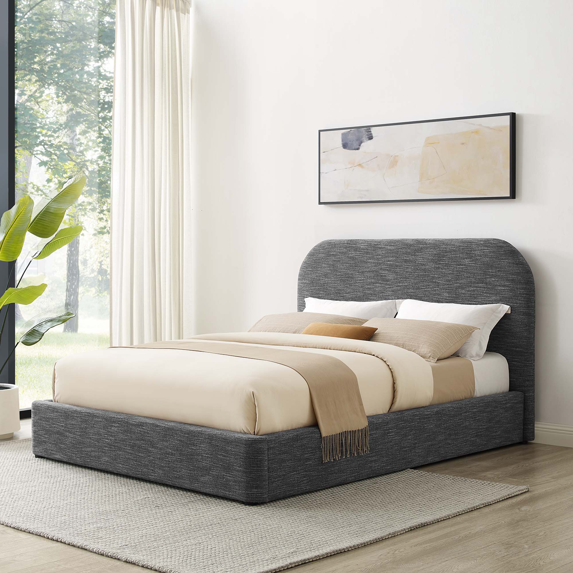 Upholstered Curved Platform Bed with Heathered Fabric - Image 30