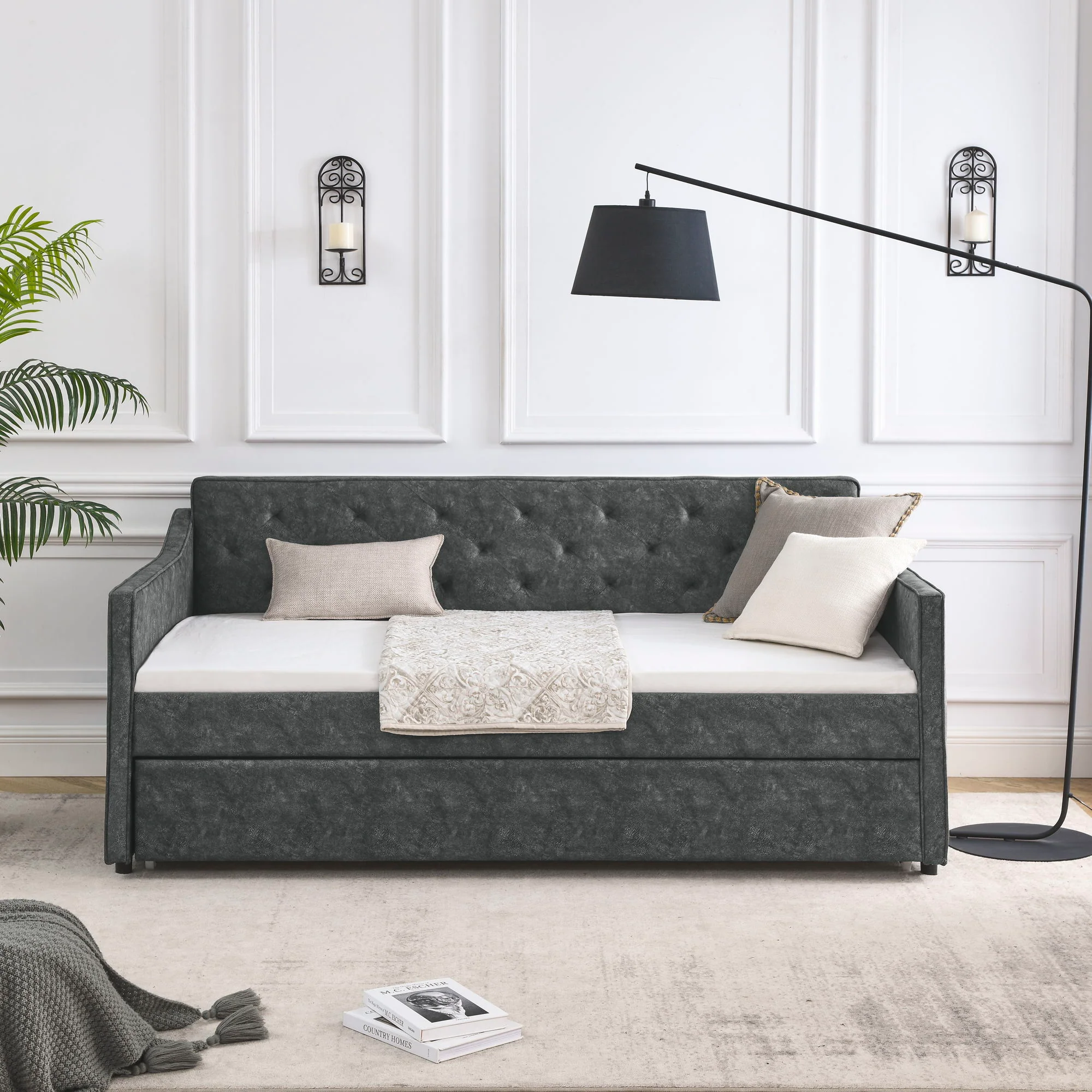 Twin Upholstered Daybed With Trundle, Waved Arms - Gray - Image 8