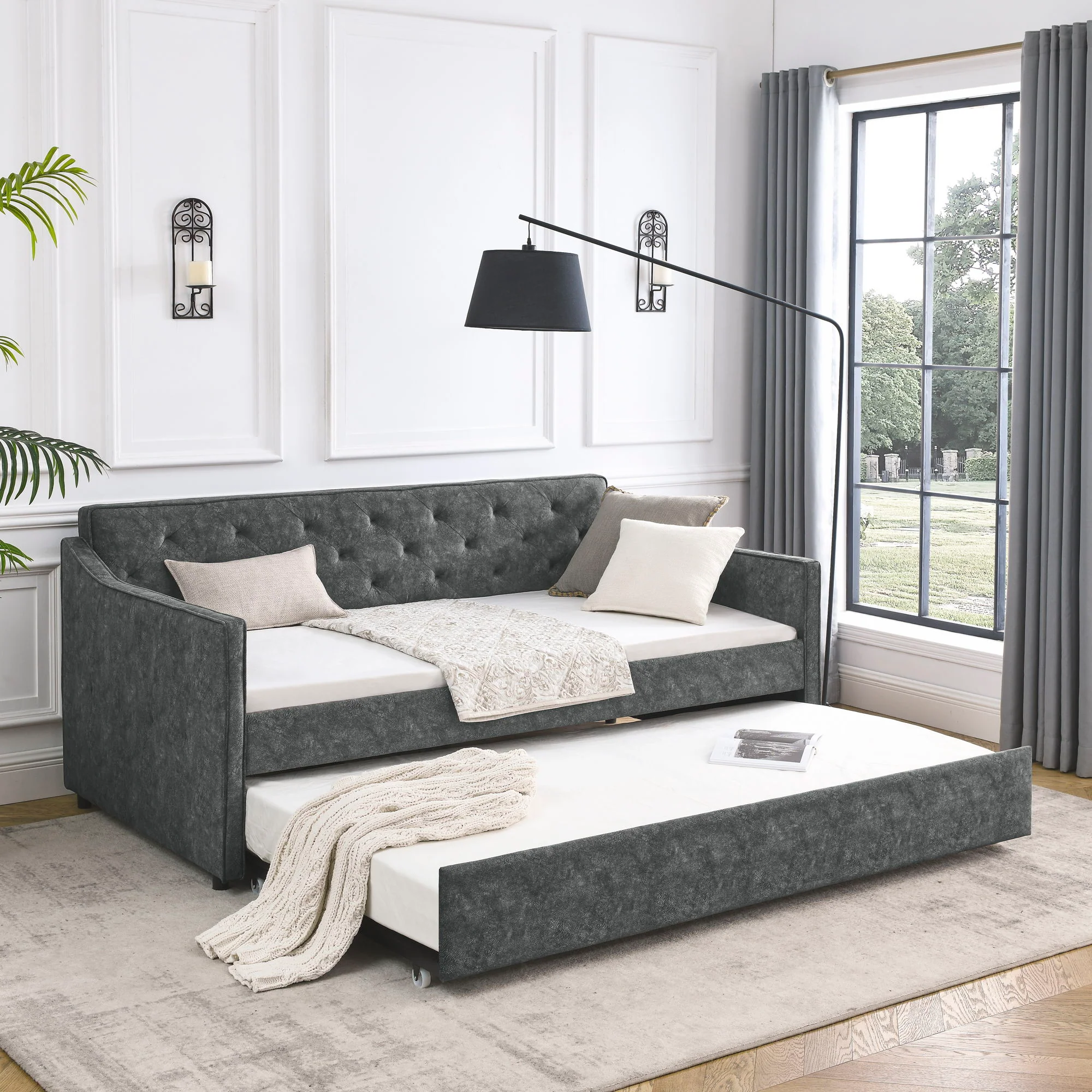 Twin Upholstered Daybed With Trundle, Waved Arms - Gray - Image 9