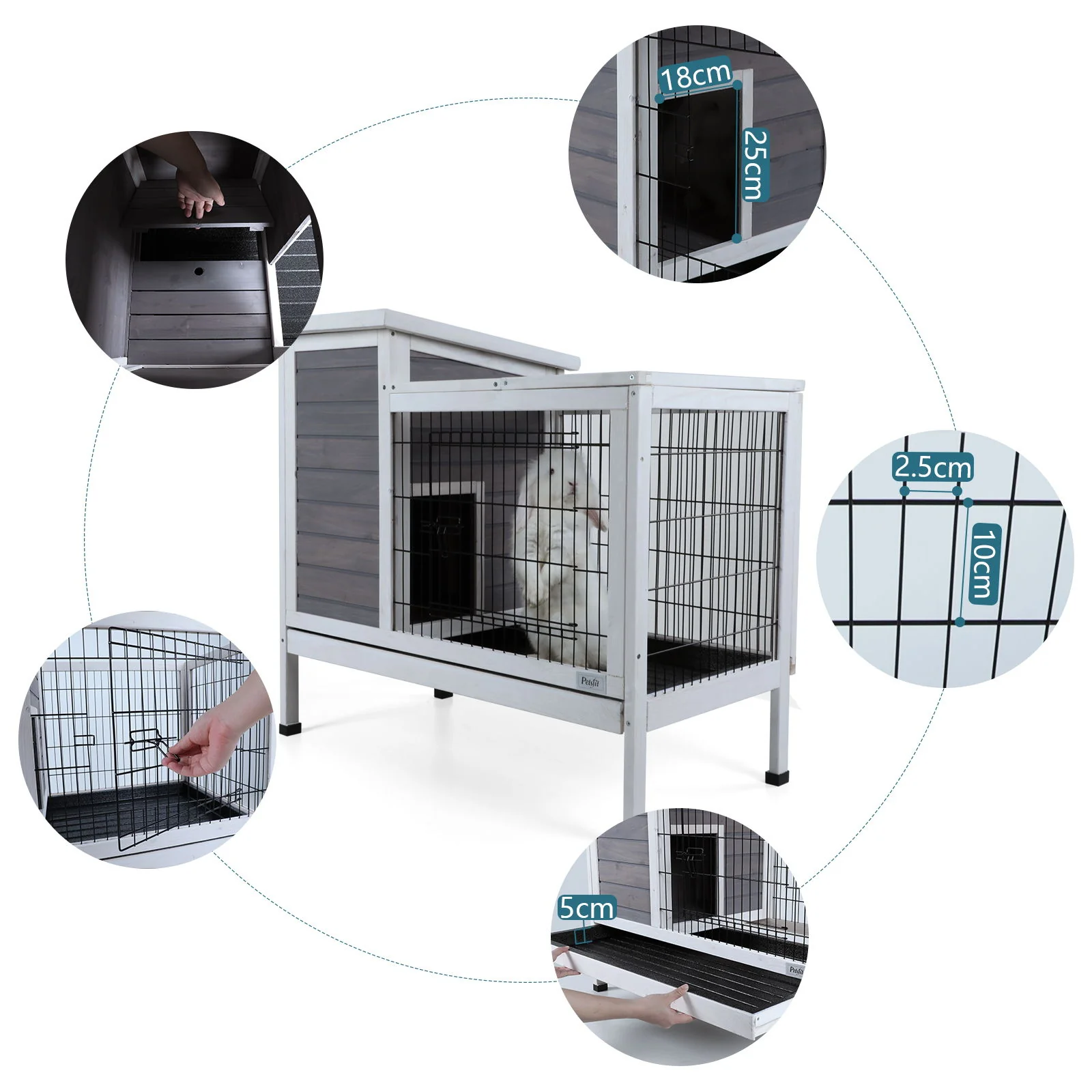 Two Tier Wooden Indoor / Outdoor Rabbit Cage For Small Animals With Runway And Leak-Proof Plastic Tray - Image 10