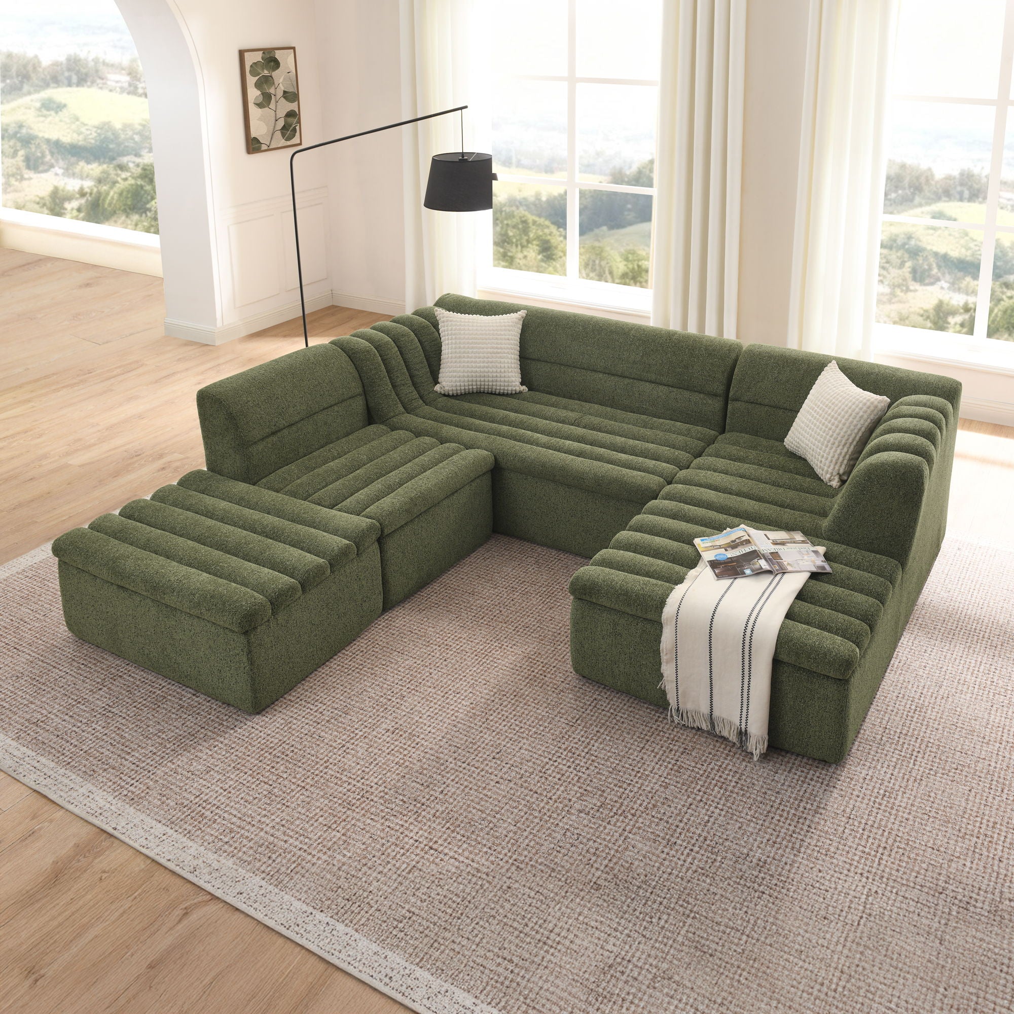 U-Shaped Modular Sectional Sofa With Chaise And Movable Ottoman With Wave-Shaped Armrest - Image 23
