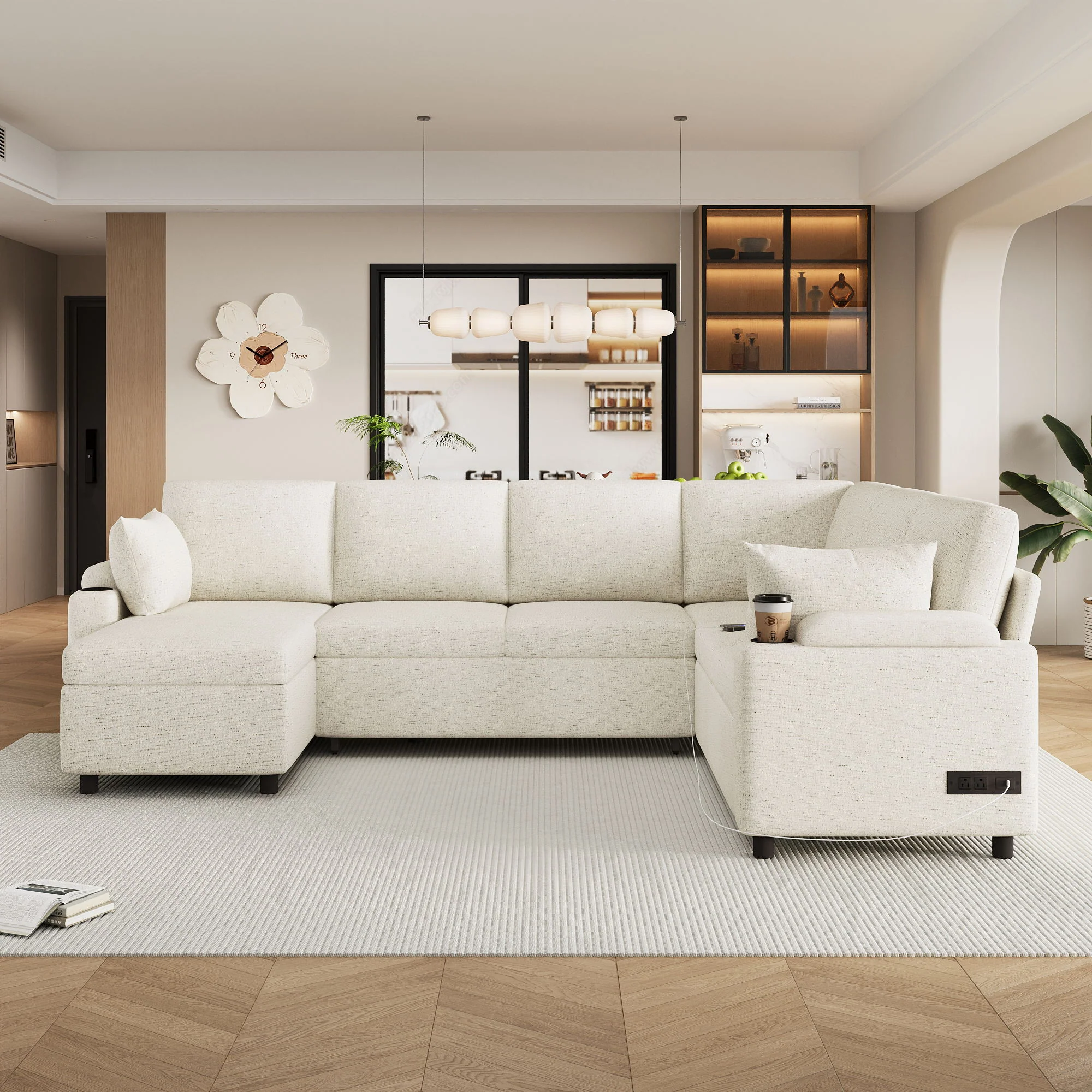 U-Shaped Sectional Sleeper Sofa With Ample Storage Space, 2 Cup Holders And Charging Ports For Living Room - Image 24