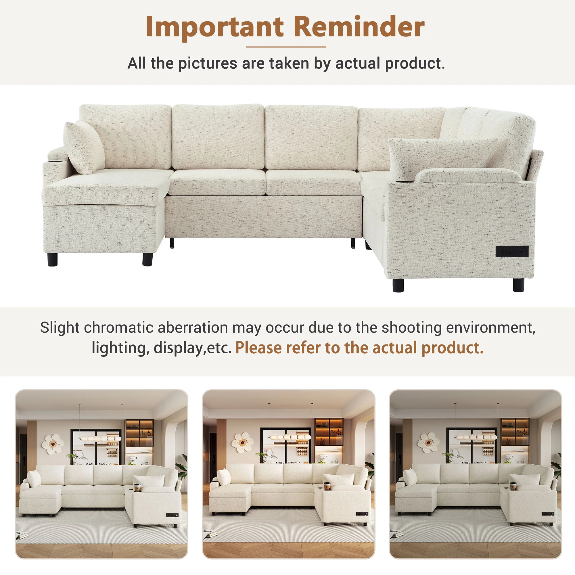 U-Shaped Sectional Sleeper Sofa With Ample Storage Space, 2 Cup Holders And Charging Ports For Living Room - Image 6